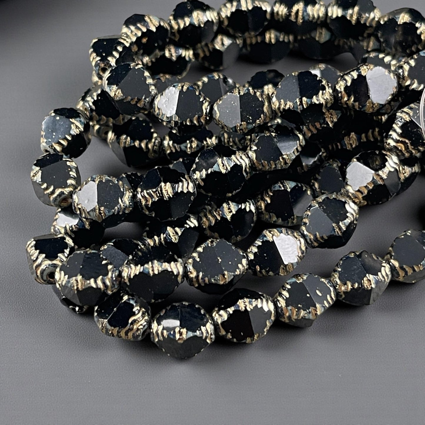 Czech Glass - 10x8mm Faceted Black and Gold Bicone Beads (BIF/N-1463) * Qty. 15