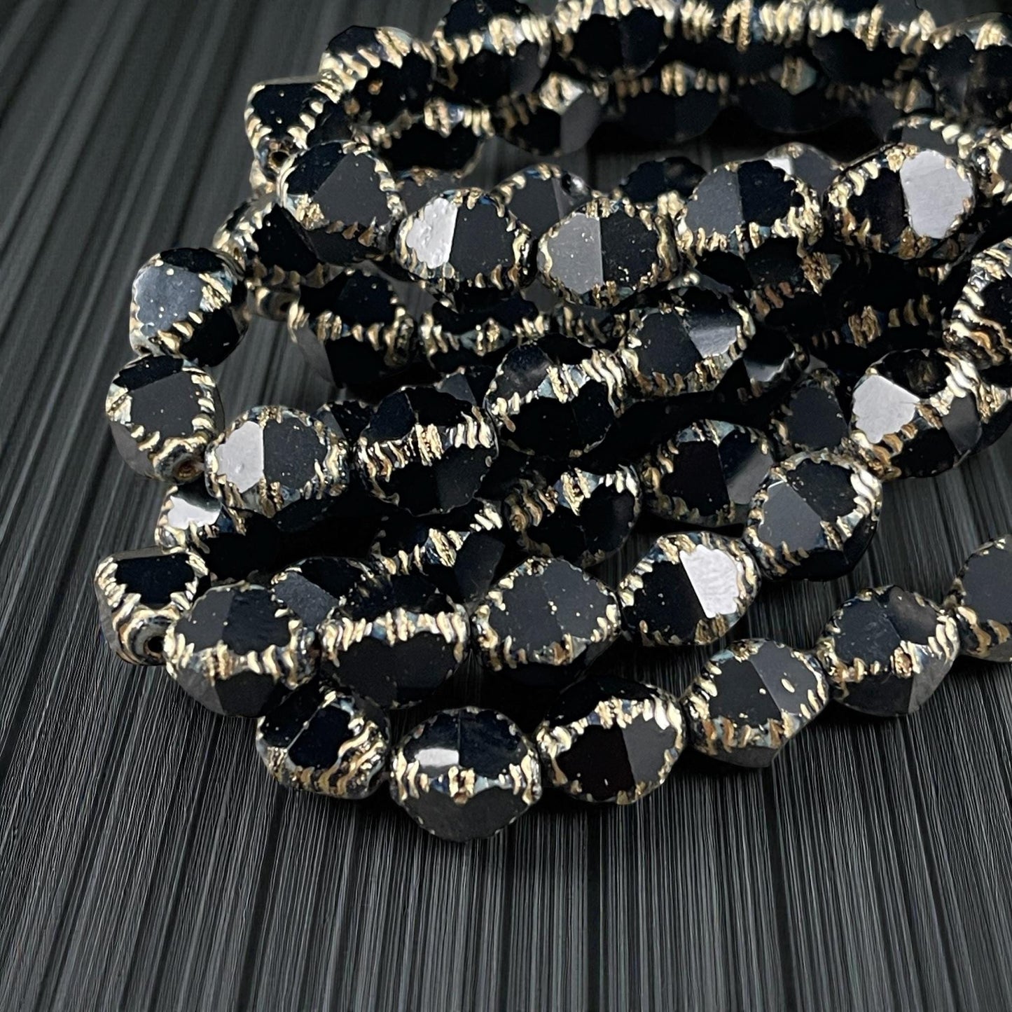 Czech Glass - 10x8mm Faceted Black and Gold Bicone Beads (BIF/N-1463) * Qty. 15