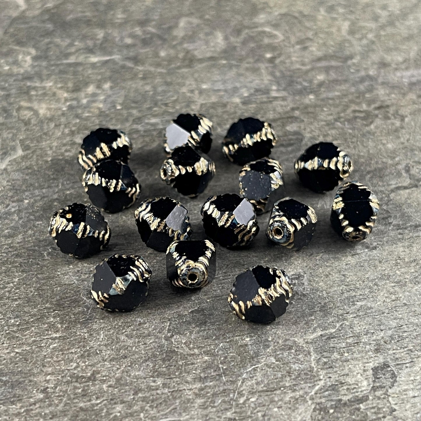 Czech Glass - 10x8mm Faceted Black and Gold Bicone Beads (BIF/N-1463) * Qty. 15