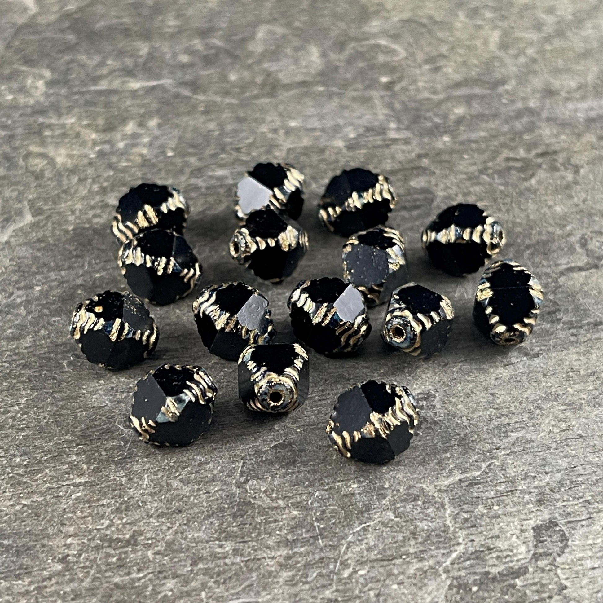 Czech Glass - 10x8mm Faceted Black and Gold Bicone Beads (BIF/N-1463) * Qty. 15