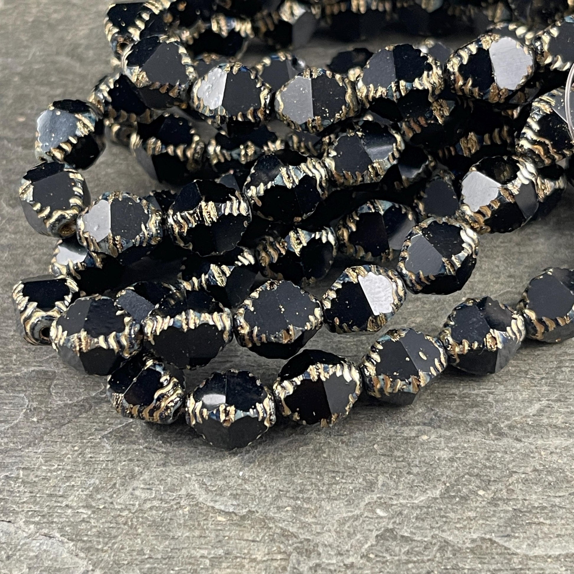 Czech Glass - 10x8mm Faceted Black and Gold Bicone Beads (BIF/N-1463) * Qty. 15