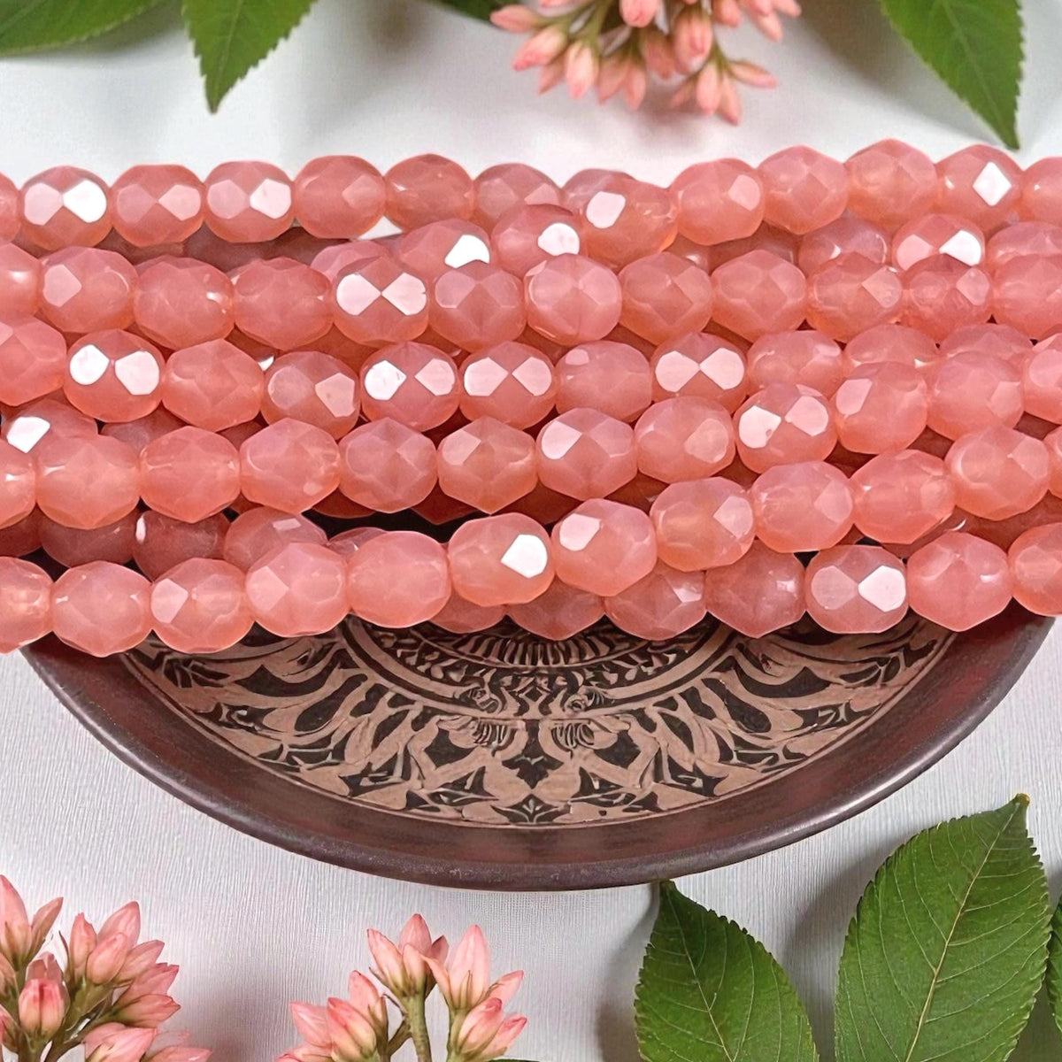 Milky Pink Czech Glass Beads, 6mm Faceted Round Beads - Carnation Pink Glass Beads (FP6/SM-71010) * Qty 25