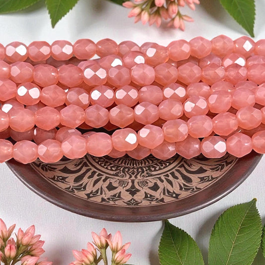 Milky Pink Czech Glass Beads, 6mm Faceted Round Beads - Carnation Pink Glass Beads (FP6/SM-71010) * Qty 25