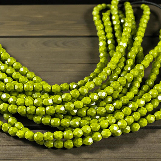 Czech Beads - 4mm Faceted Round Opaque Olive Green, Avocado Green (FP4/SM-53420) * Qty. 50