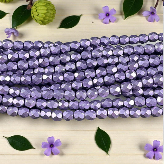 Czech Glass - 6mm Faceted Round Purple Satin Metallic Beads (FP6/SM-04B03) * Qty. 25
