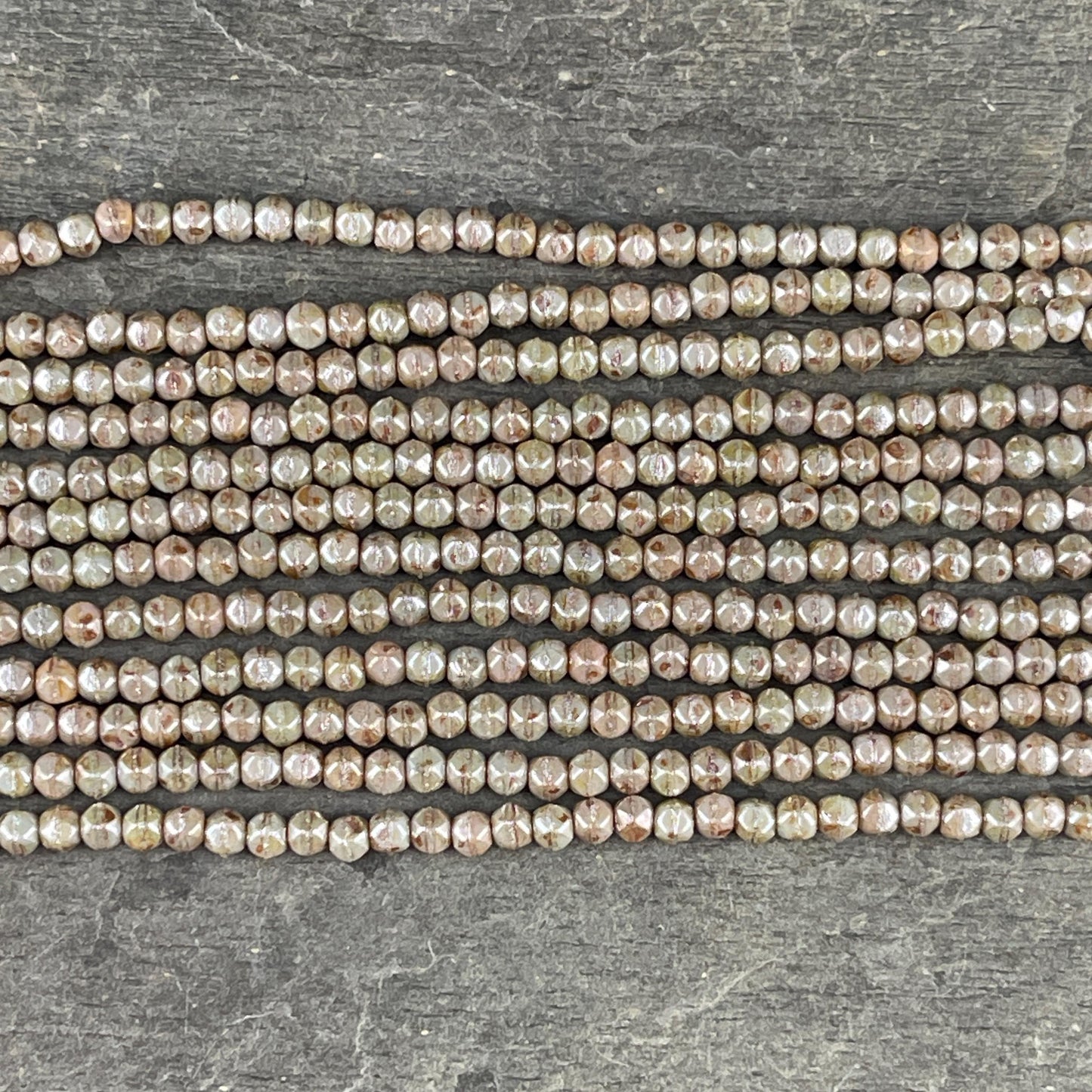 Czech Beads - 3mm English Cut Sage Green Faceted Cube, Picasso Beads (EC/SM-P65455) * Qty. 50