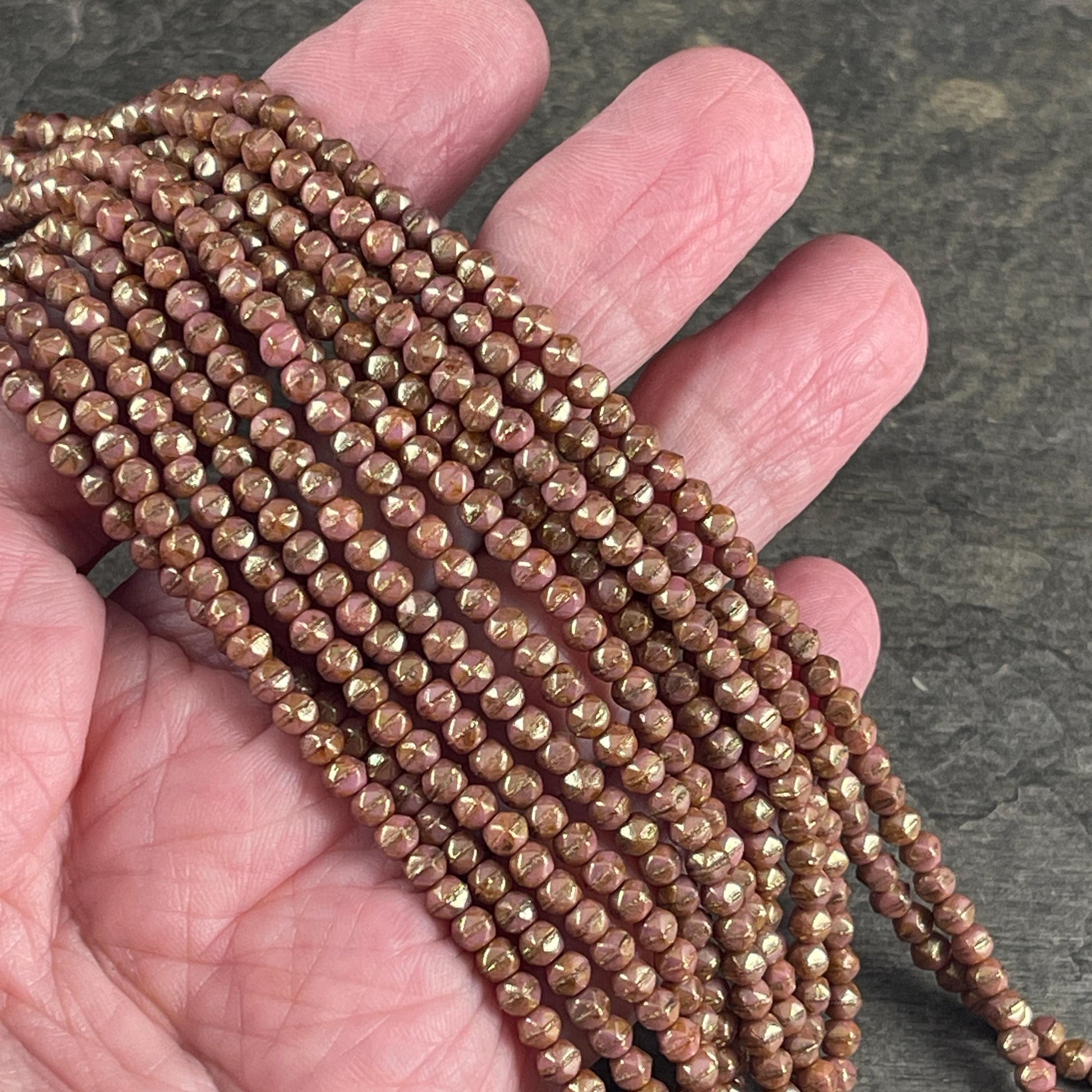 Czech Beads - 3mm English Cut Faceted Cube, Rose Gold Luster Picasso Beads (EC/SM-P65491) * Qty. 50