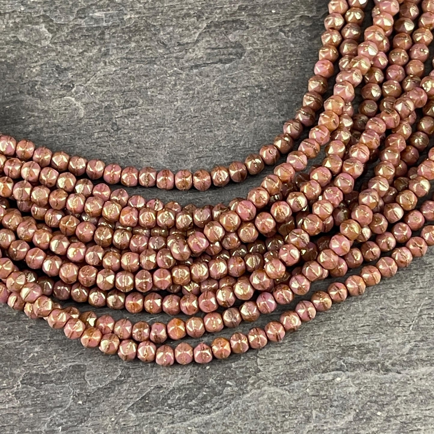 Czech Beads - 3mm English Cut Faceted Cube, Rose Gold Luster Picasso Beads (EC/SM-P65491) * Qty. 50