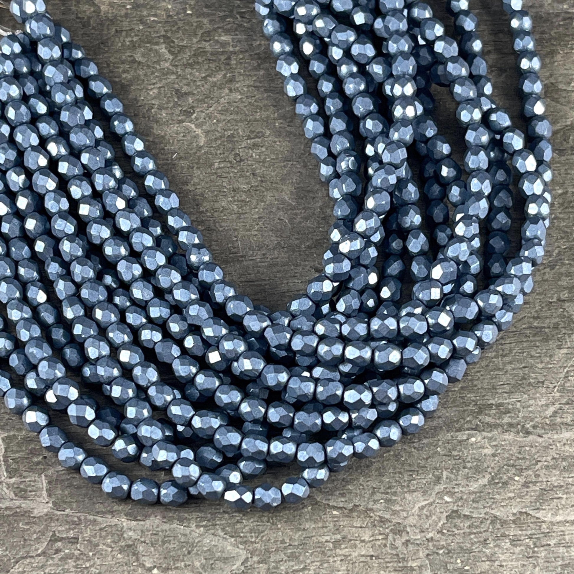 Czech Beads - 4mm Faceted Round Beads, ColorTrends Saturated Metallic Bluestone (FP4/SM-07B02) * Qty. 50