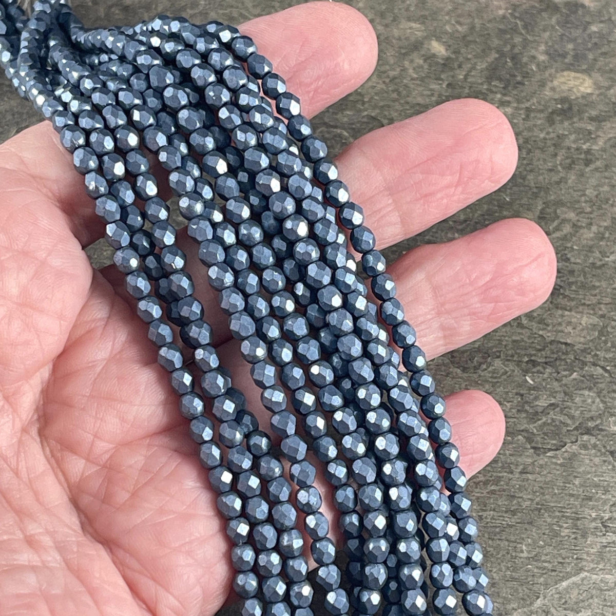 Czech Beads - 4mm Faceted Round Beads, ColorTrends Saturated Metallic Bluestone (FP4/SM-07B02) * Qty. 50