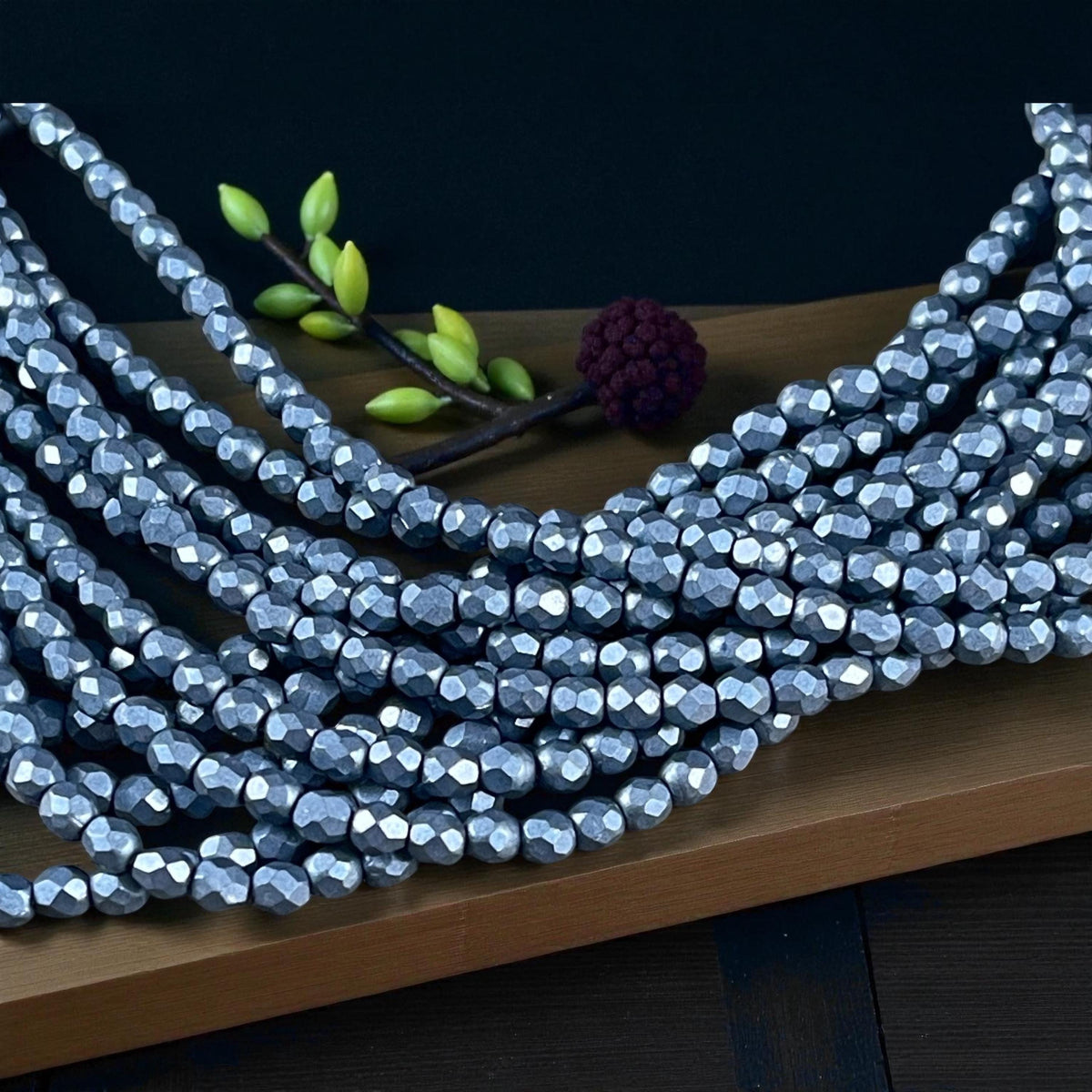 Czech Beads - 4mm Faceted Round Beads, ColorTrends Saturated Metallic Bluestone (FP4/SM-07B02) * Qty. 50