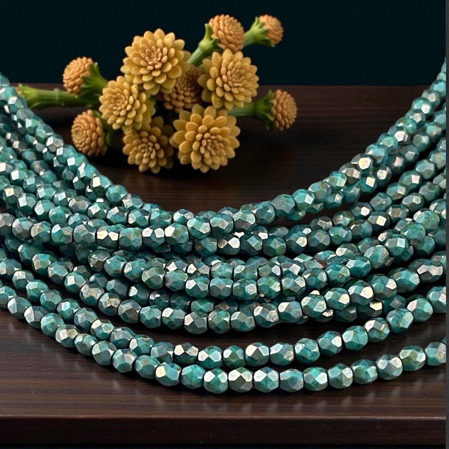 Czech Beads - 4mm Faceted Round Turquoise with Copper Picasso (FP4/SM-CT6315) * Qty. 50
