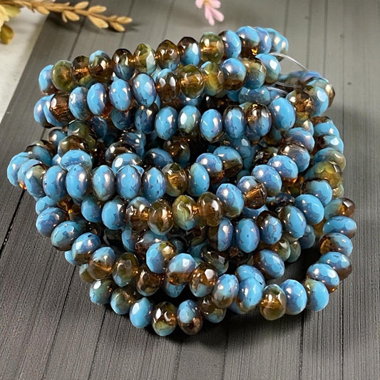 Czech Beads - 5x3mm Faceted Rondelles, Transparent Brown and Sky Blue (R5/N-0106) * Qty. 30