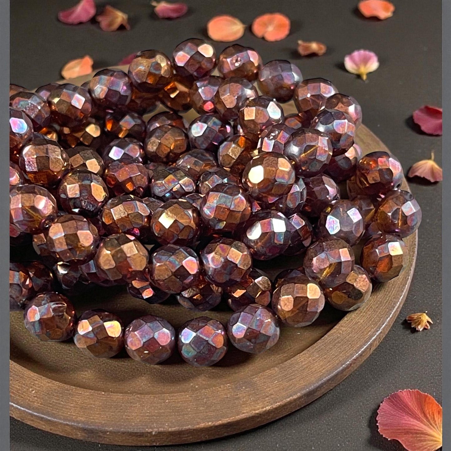 Czech Beads - 8mm Faceted Round Beads, Brown with Copper Finish (FP8/N-025) * Qty. 20