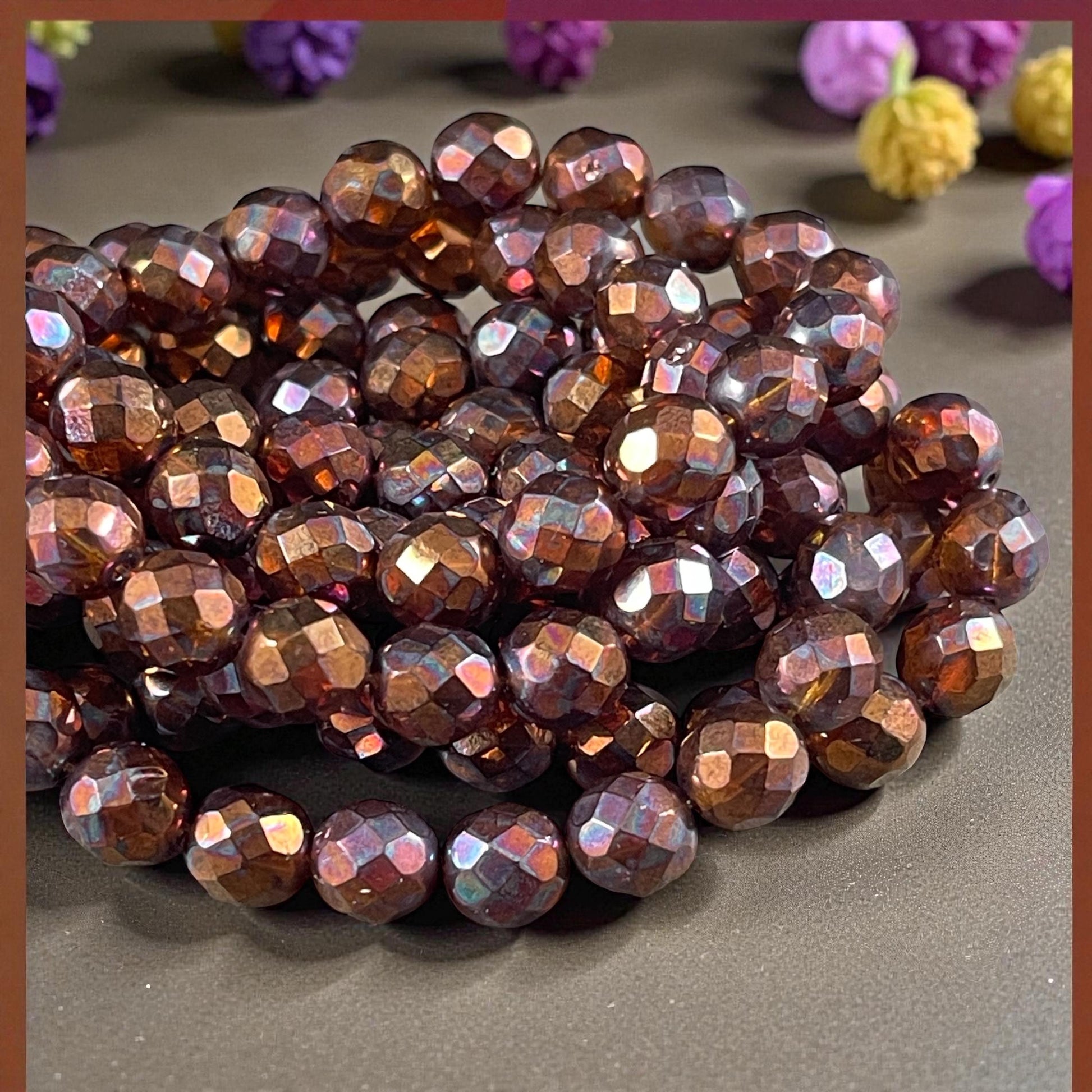 Czech Beads - 8mm Faceted Round Beads, Brown with Copper Finish (FP8/N-025) * Qty. 20