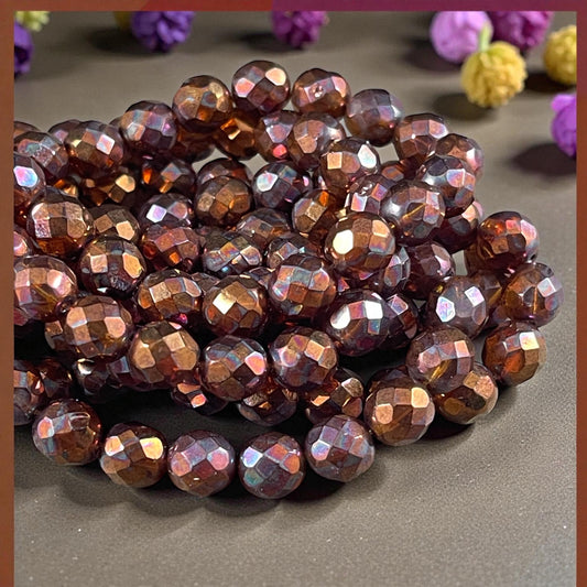 Czech Beads - 8mm Faceted Round Beads, Brown with Copper Finish (FP8/N-025) * Qty. 20