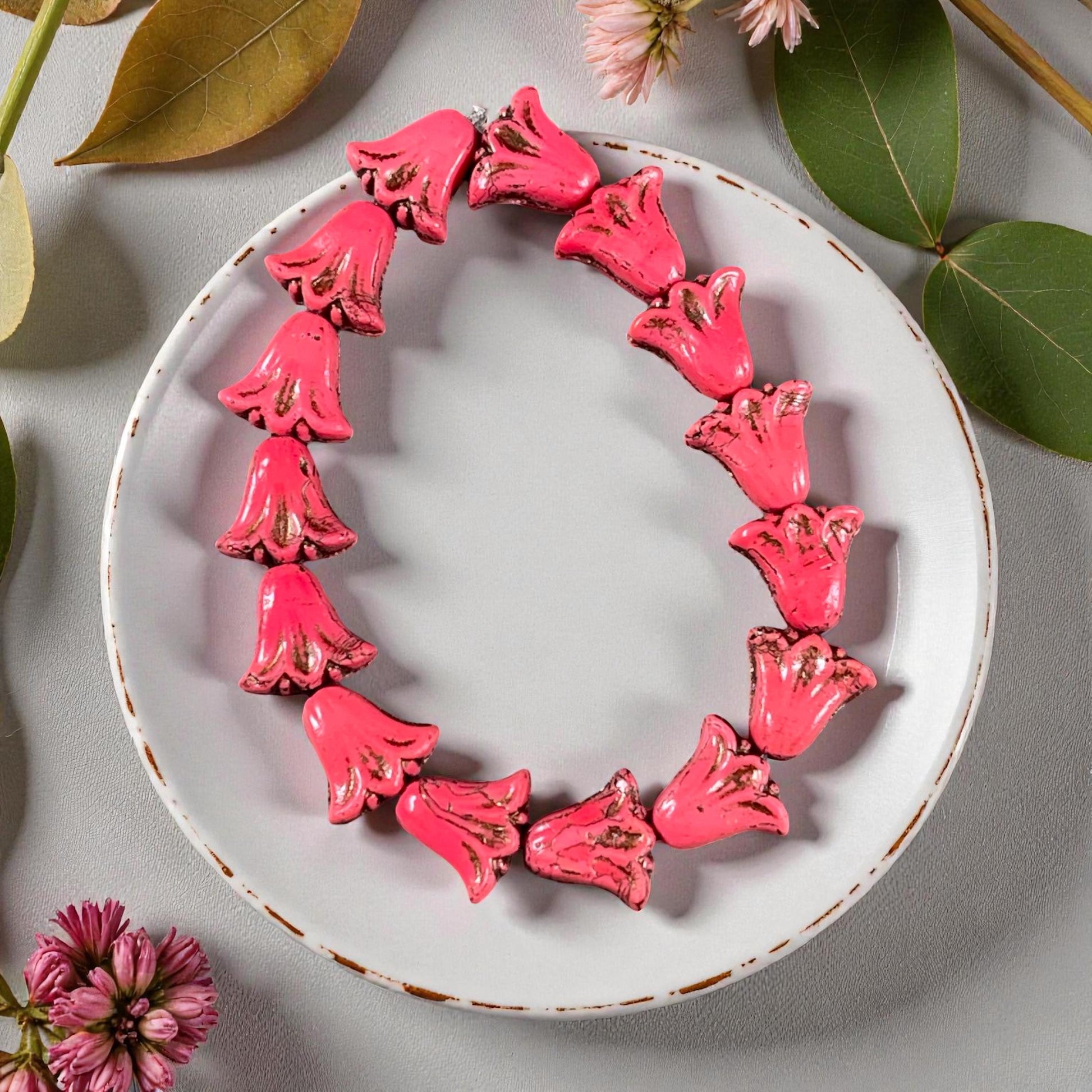 Czech Beads, 10mm Lily Flower, Coral Red with Dark Bronze Wash (Lily/RJ-5487) * Qty. 15