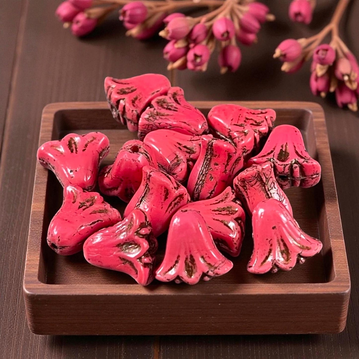 Czech Beads, 10mm Lily Flower, Coral Red with Dark Bronze Wash (Lily/RJ-5487) * Qty. 15
