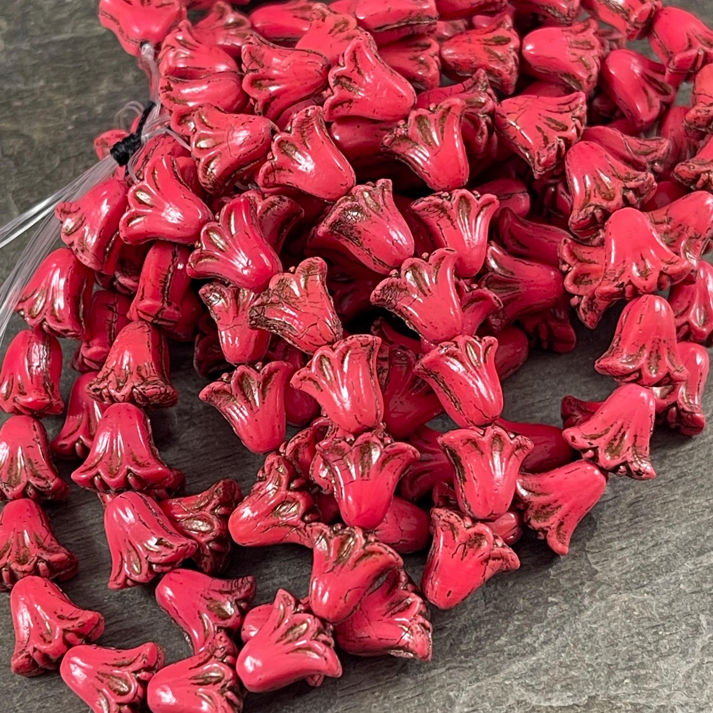 Czech Beads, 10mm Lily Flower, Coral Red with Dark Bronze Wash (Lily/RJ-5487) * Qty. 15