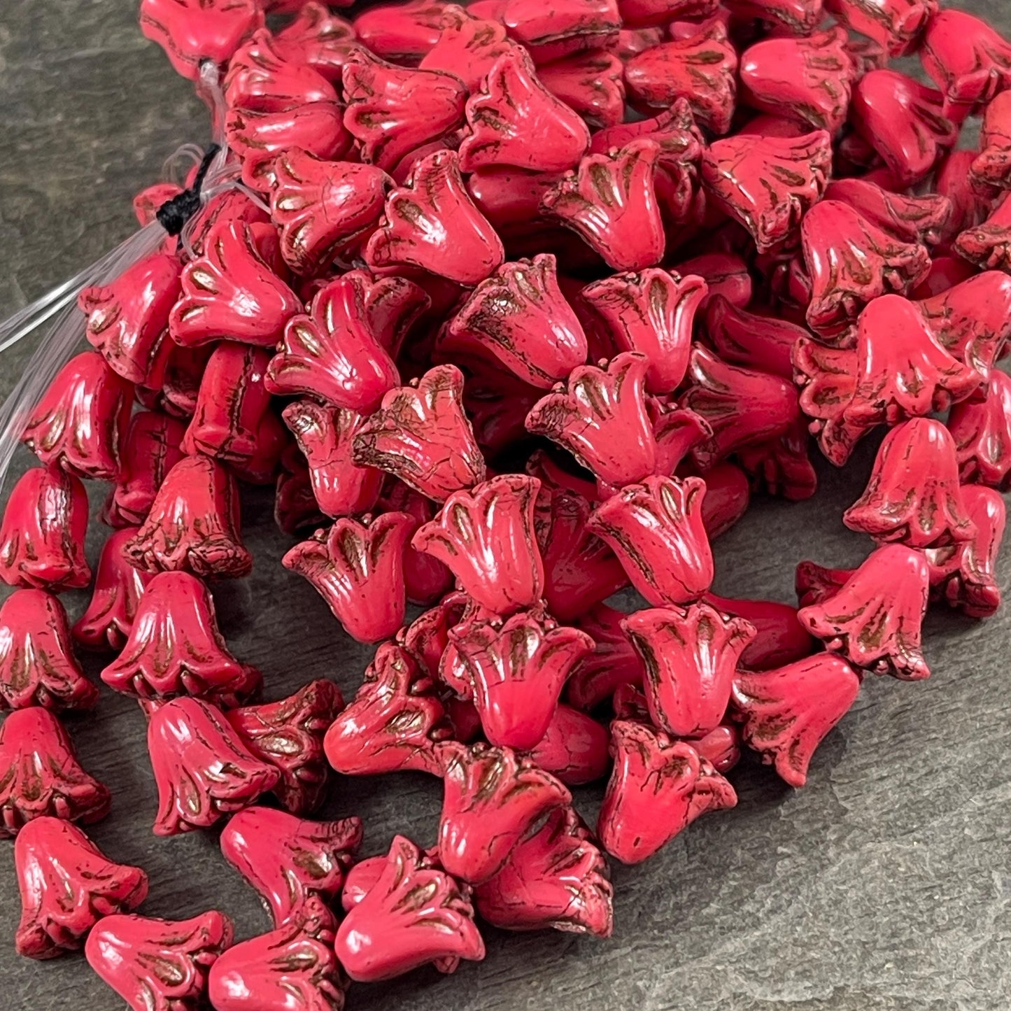 Czech Beads, 10mm Lily Flower, Coral Red with Dark Bronze Wash (Lily/RJ-5487) * Qty. 15