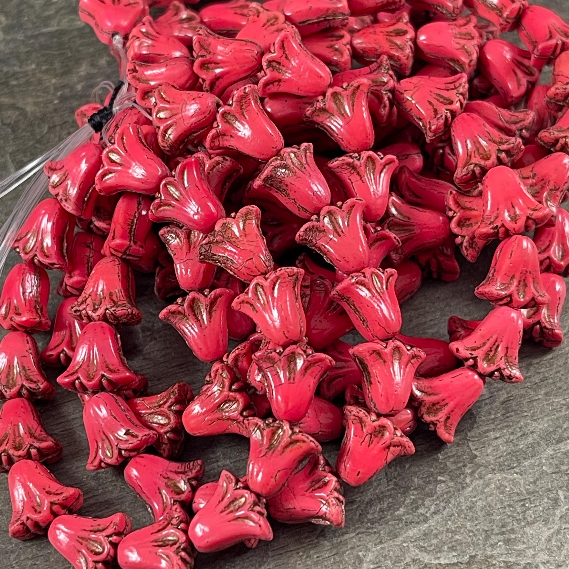Czech Beads, 10mm Lily Flower, Coral Red with Dark Bronze Wash (Lily/RJ-5487) * Qty. 15