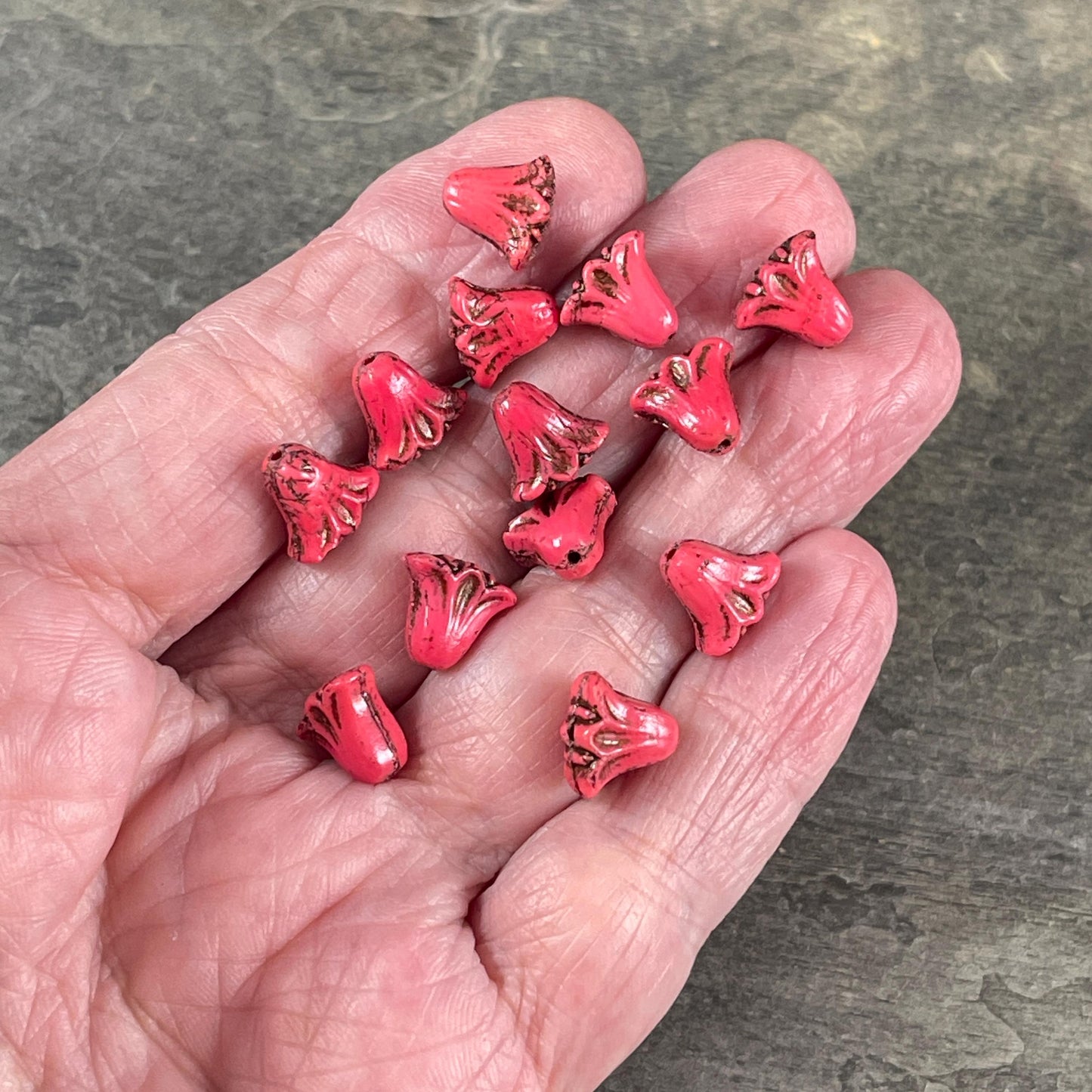 Czech Beads, 10mm Lily Flower, Coral Red with Dark Bronze Wash (Lily/RJ-5487) * Qty. 15