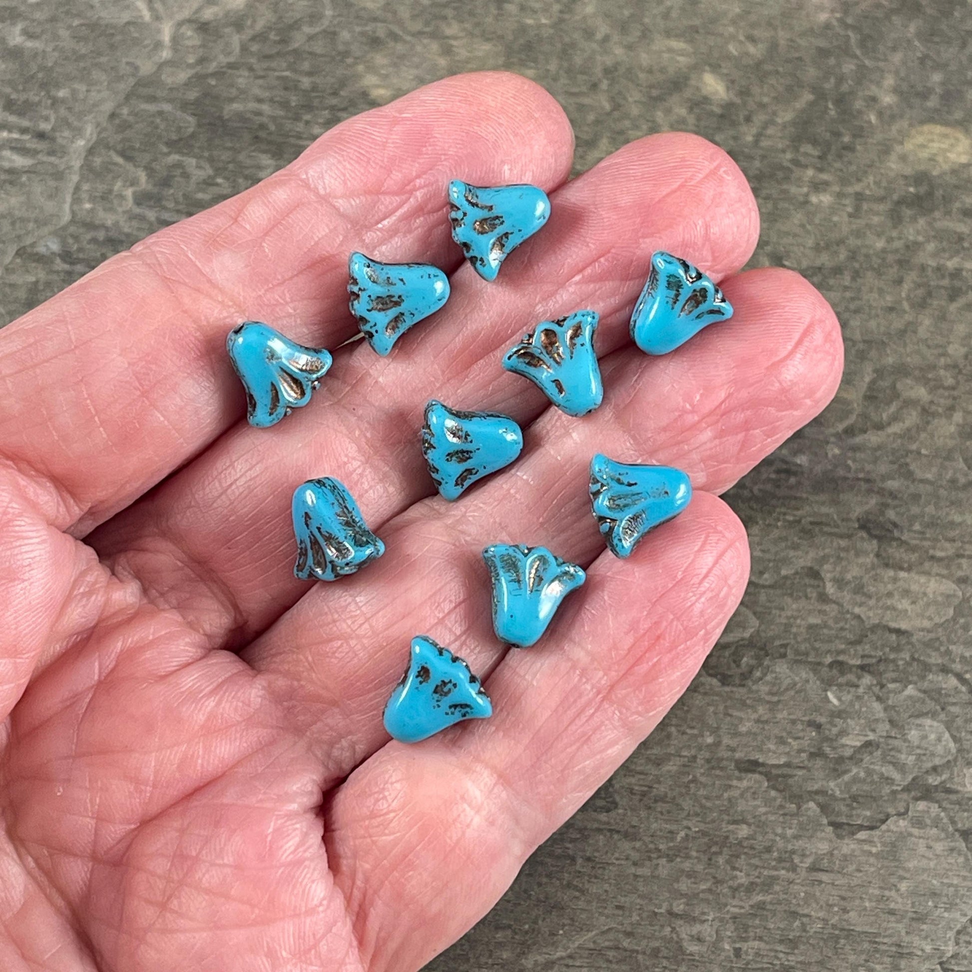 Czech Beads, 10mm Lily Flower, Sky Blue with Bronze Wash (Lily/RJ-5488) * Qty. 15