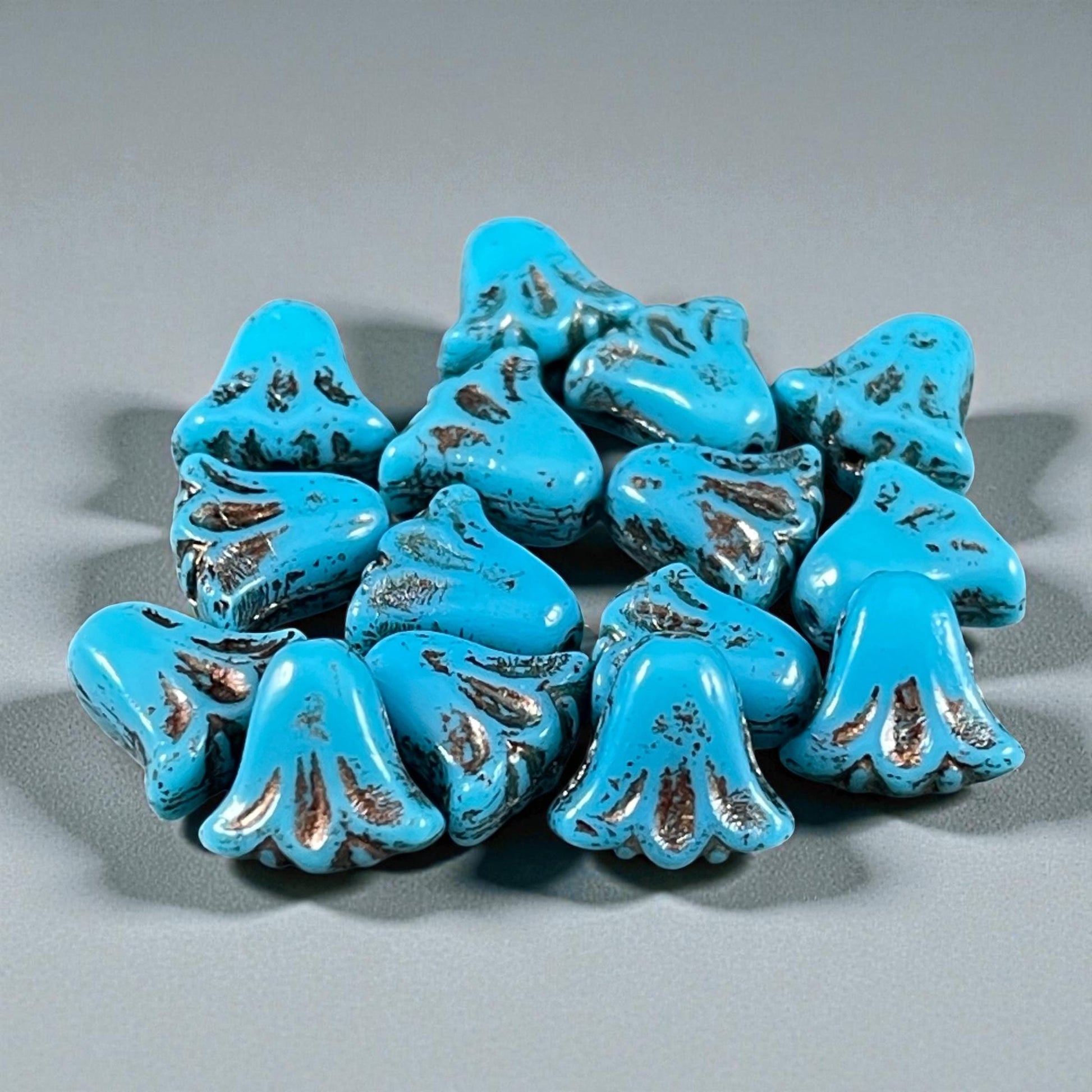 Czech Beads, 10mm Lily Flower, Sky Blue with Bronze Wash (Lily/RJ-5488) * Qty. 15