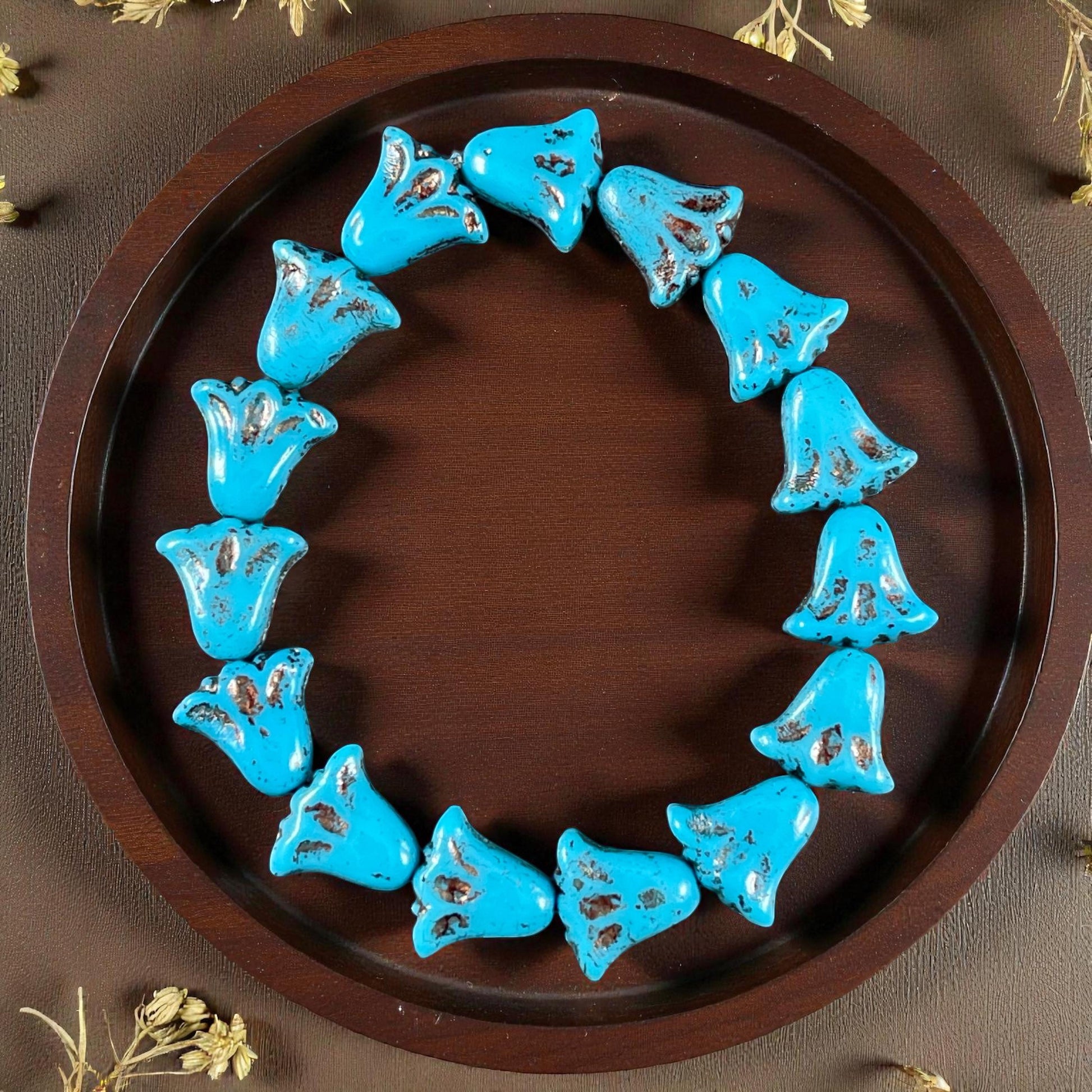 Czech Beads, 10mm Lily Flower, Sky Blue with Bronze Wash (Lily/RJ-5488) * Qty. 15