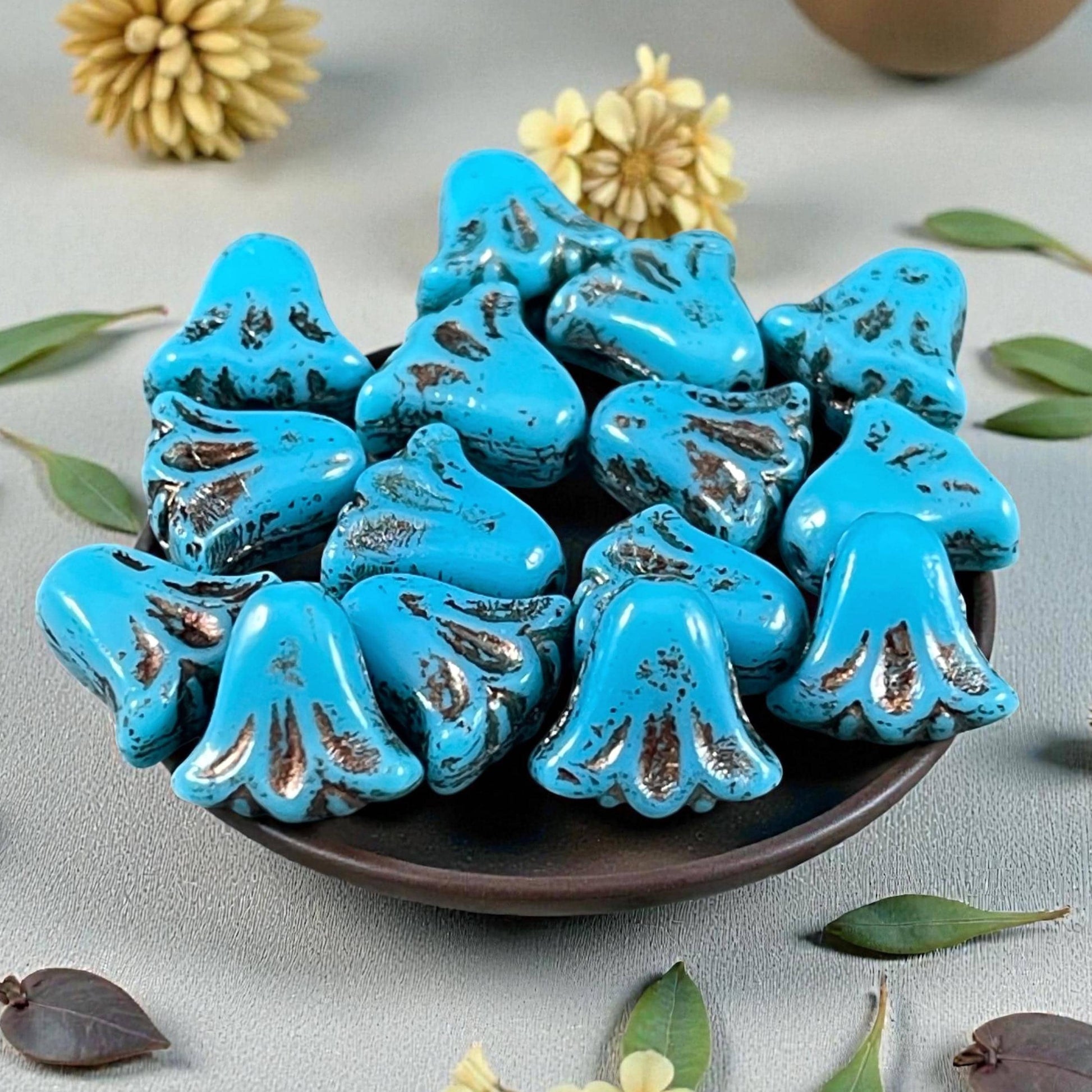 Czech Beads, 10mm Lily Flower, Sky Blue with Bronze Wash (Lily/RJ-5488) * Qty. 15