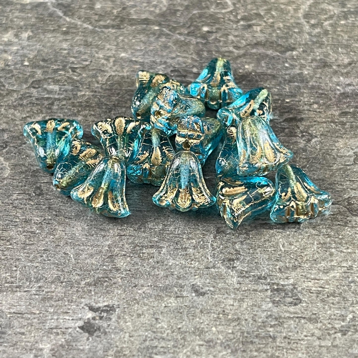 Czech Glass Beads, 10mm Lily Flower, Transparent Aqua with Gold Wash (Lily/RJ-5490) * Qty. 15