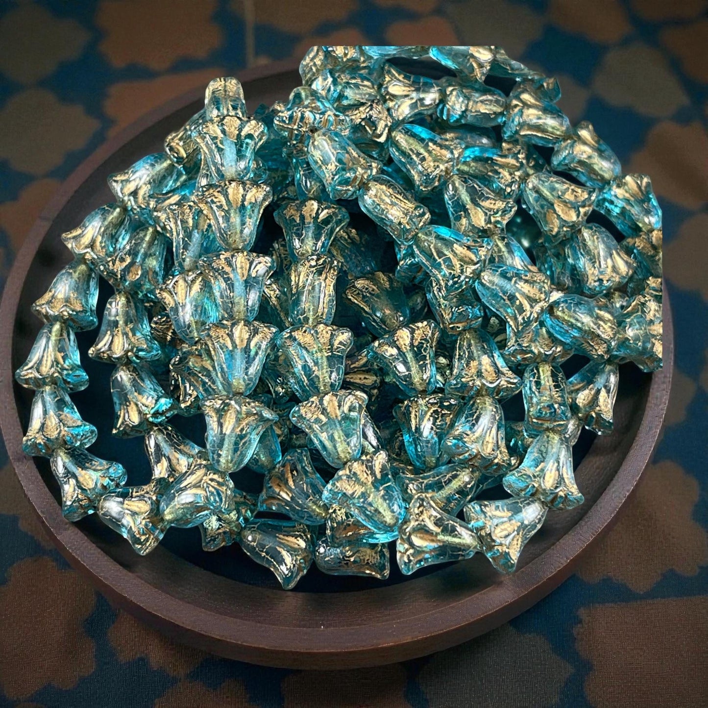 Czech Glass Beads, 10mm Lily Flower, Transparent Aqua with Gold Wash (Lily/RJ-5490) * Qty. 15