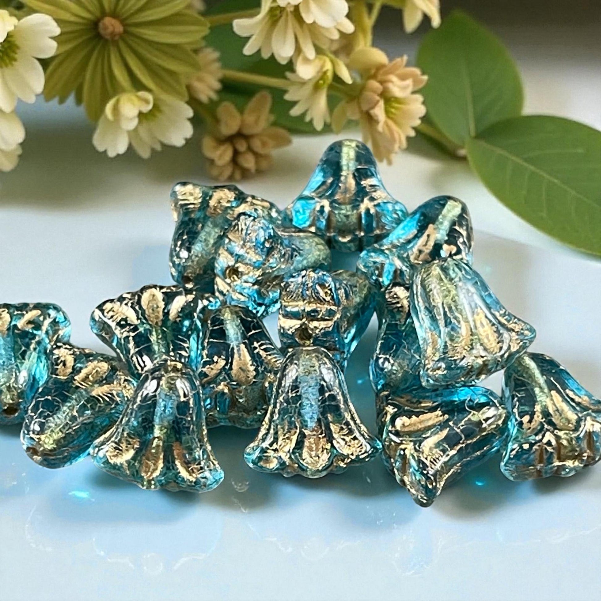 Czech Glass Beads, 10mm Lily Flower, Transparent Aqua with Gold Wash (Lily/RJ-5490) * Qty. 15
