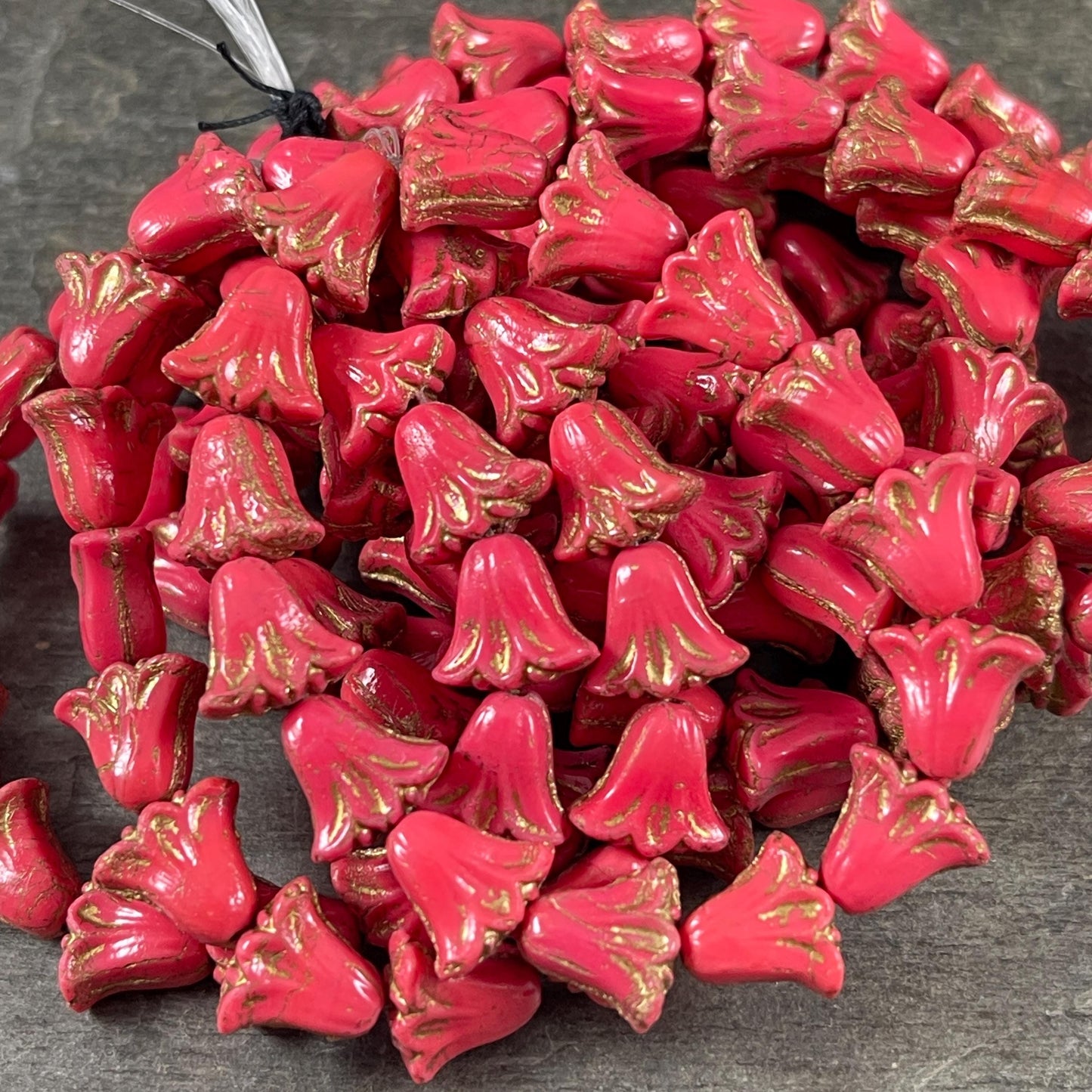 Czech Beads, 10mm Lily Flower, Coral Red with Gold Wash (Lily/RJ-5493) * Qty. 15