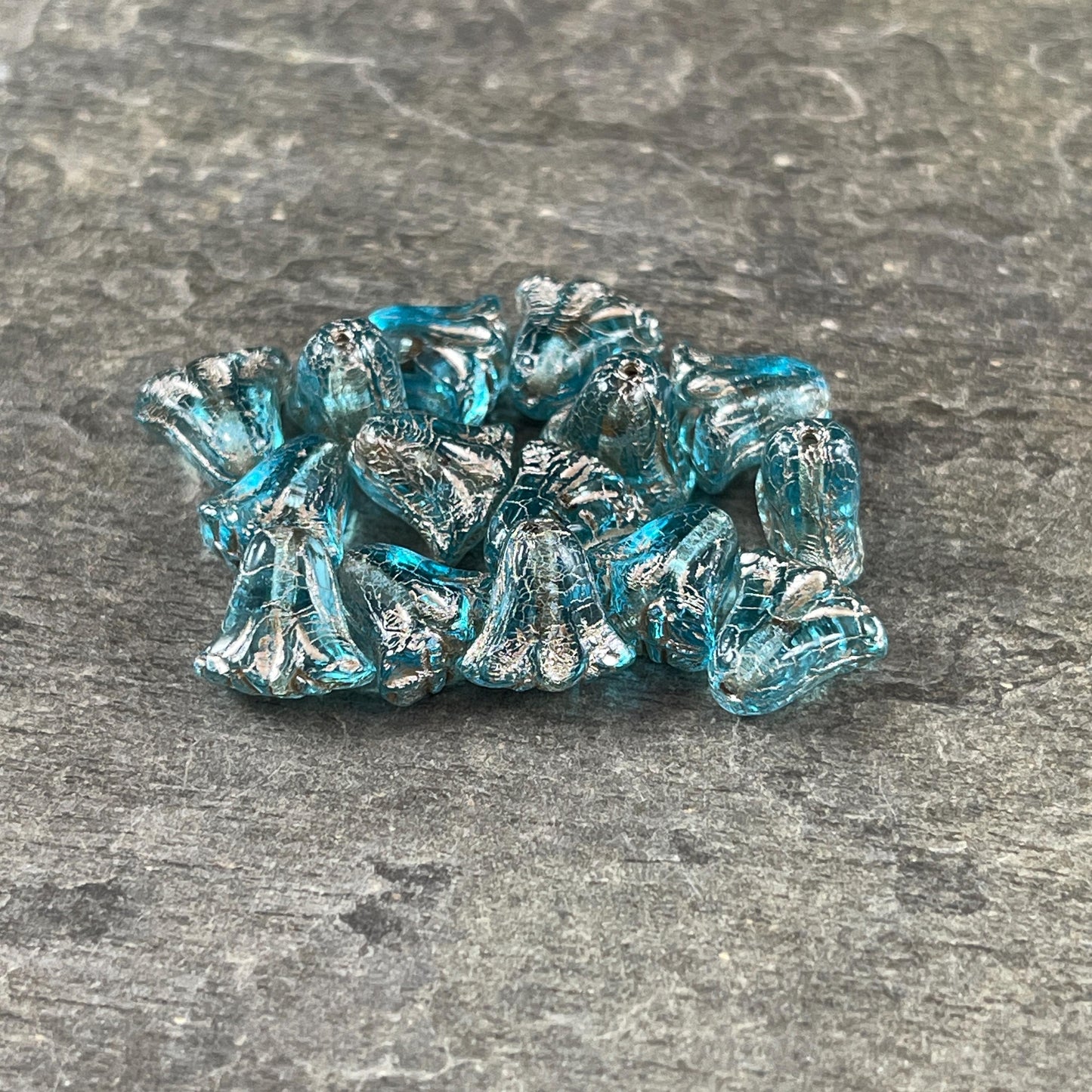 Czech Beads - 10mm Lily Flower, Transparent Aqua with Platinum Wash (Lily/RJ-5502) * Qty. 15
