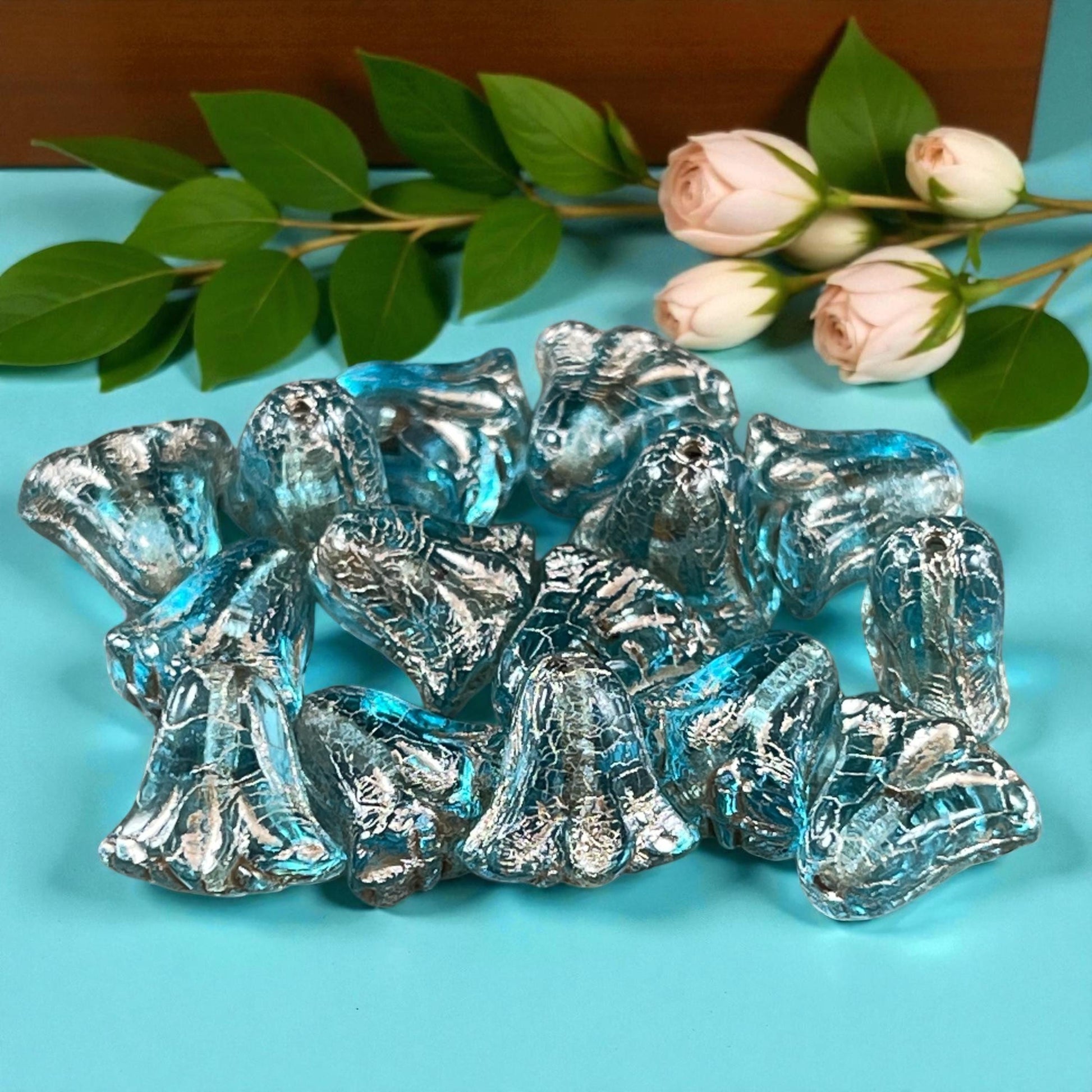 Czech Beads - 10mm Lily Flower, Transparent Aqua with Platinum Wash (Lily/RJ-5502) * Qty. 15