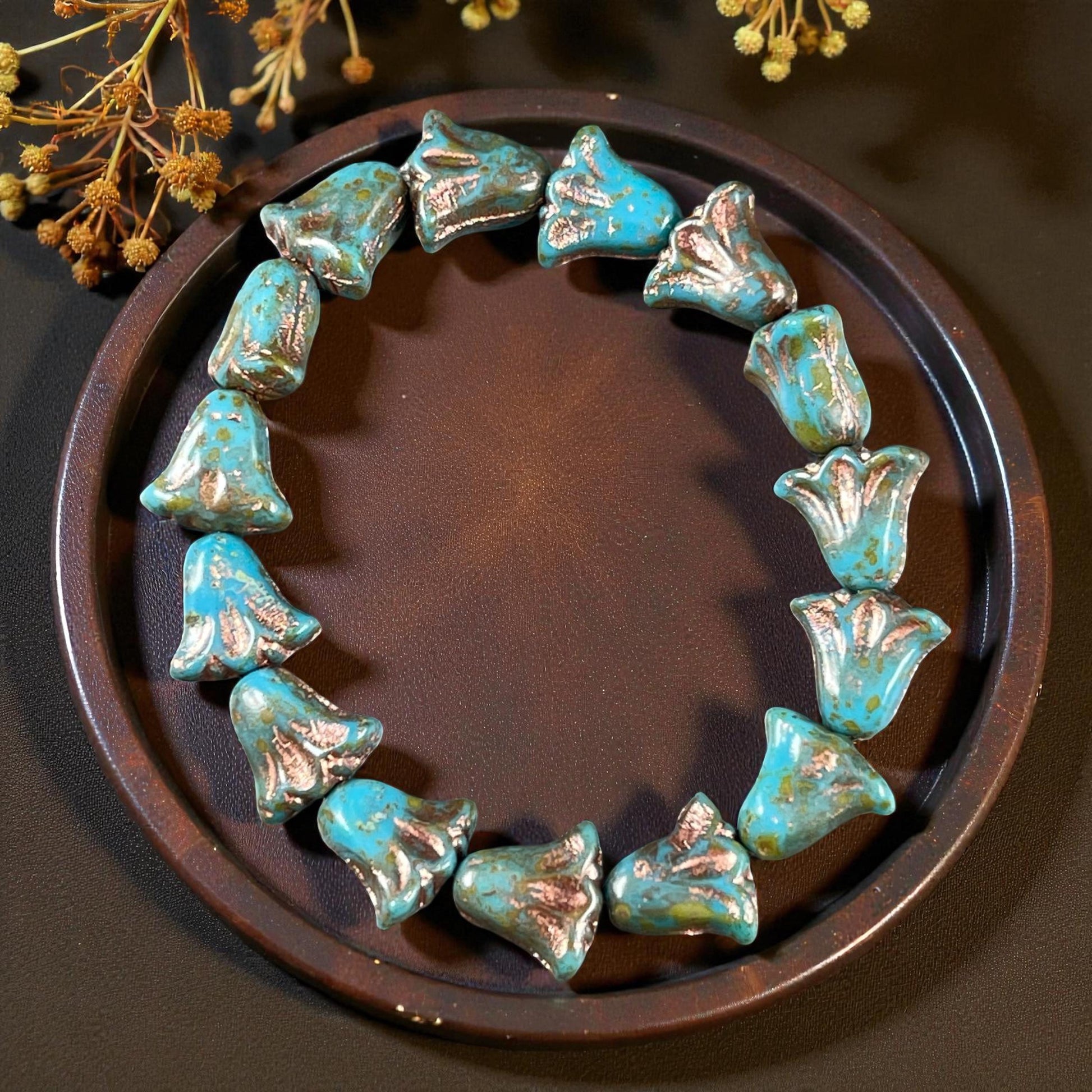 Czech Beads, 10mm Lily Flower, Sky Blue with Copper Wash (Lily/RJ-5496) * Qty. 15