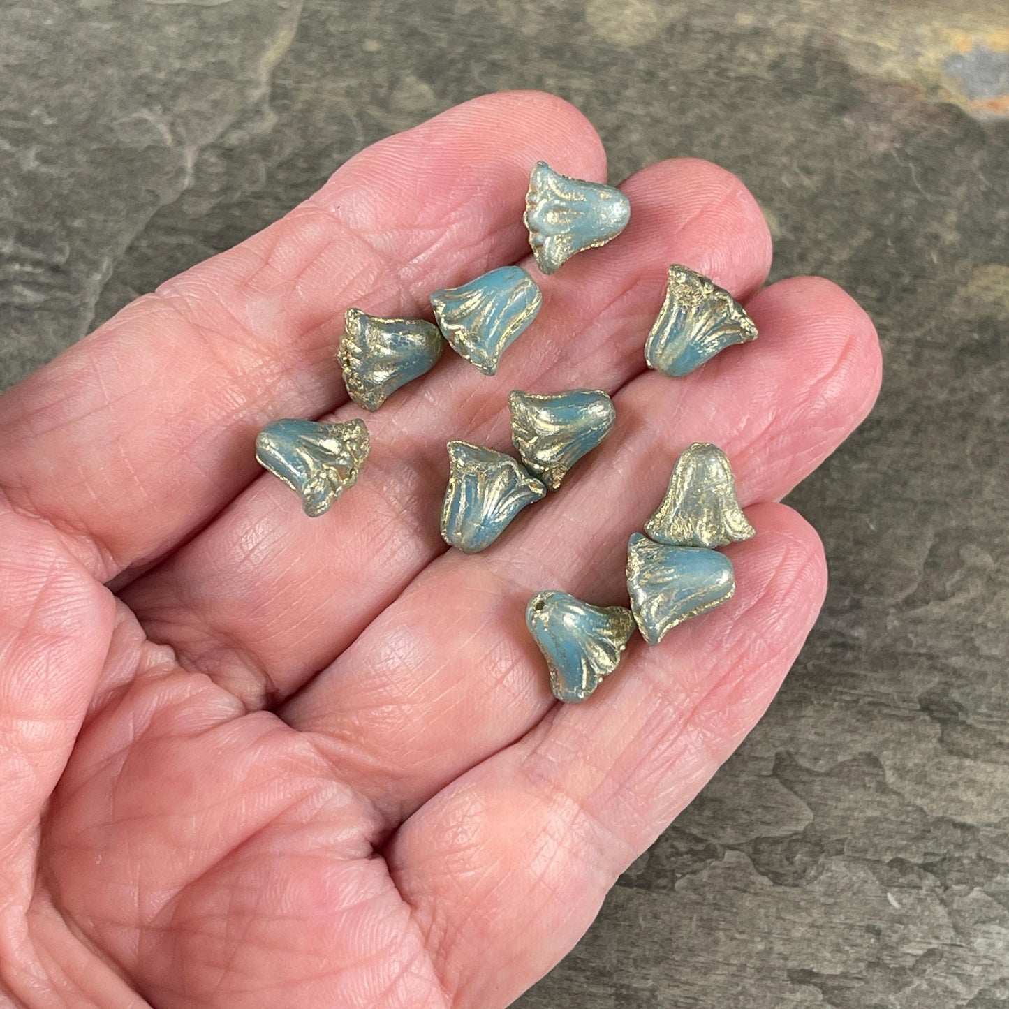 Czech Beads, 10mm Lily Flower, Aqua Blue Opaline with Gold Wash (Lily/RJ-5492) * Qty. 15