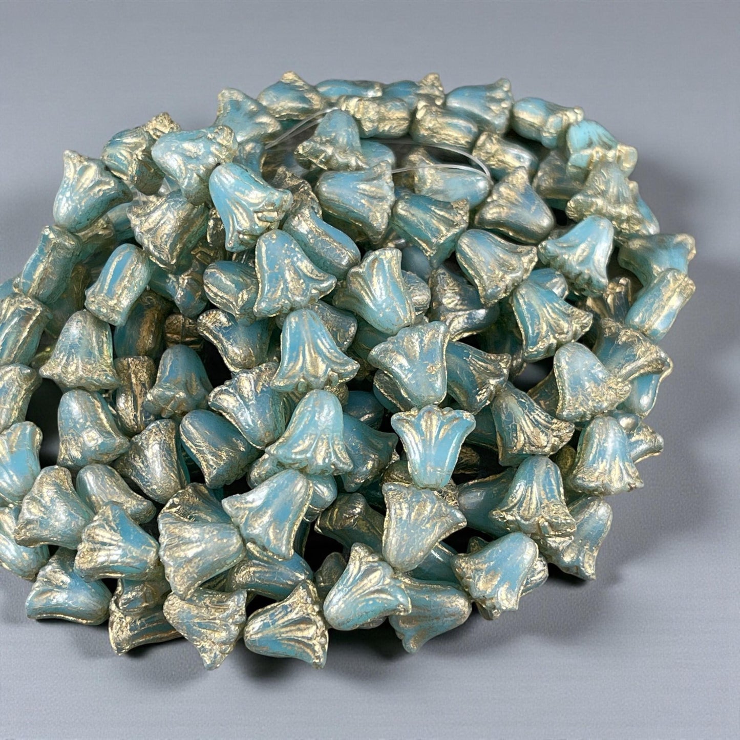 Czech Beads, 10mm Lily Flower, Aqua Blue Opaline with Gold Wash (Lily/RJ-5492) * Qty. 15