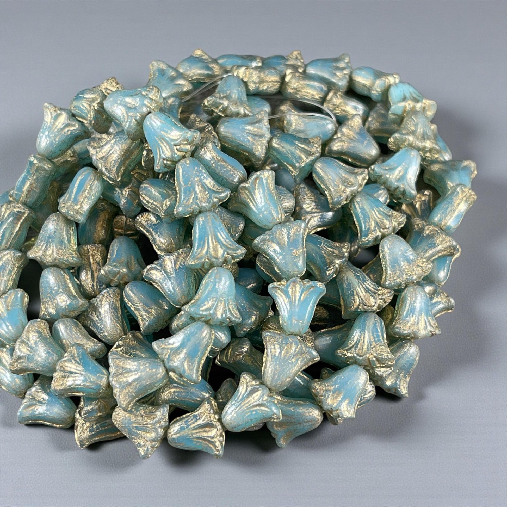Czech Beads, 10mm Lily Flower, Aqua Blue Opaline with Gold Wash (Lily/RJ-5492) * Qty. 15
