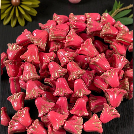 Czech Beads, 10mm Lily Flower, Coral Red with Gold Wash (Lily/RJ-5493) * Qty. 15