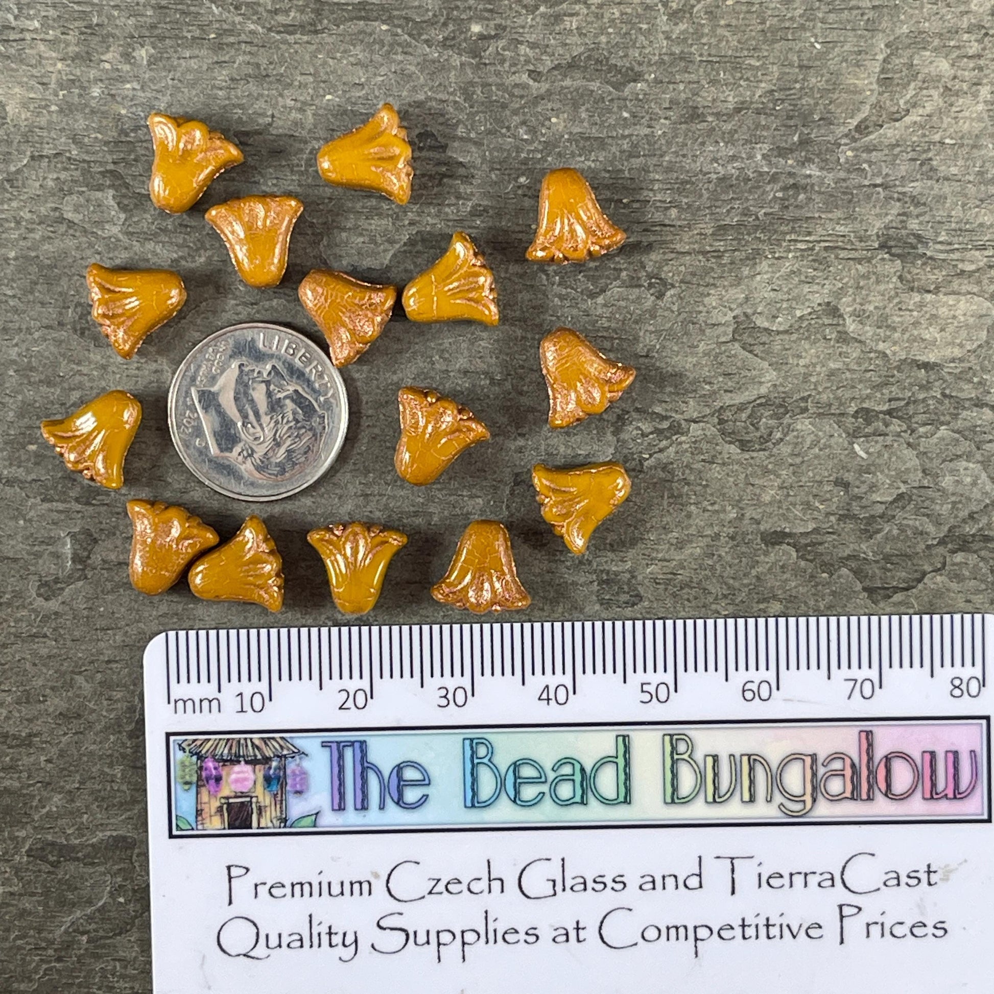 Czech Beads, 10mm Lily Flower, Dijon Mustard with Copper Wash (Lily/RJ-5497) * Qty. 15