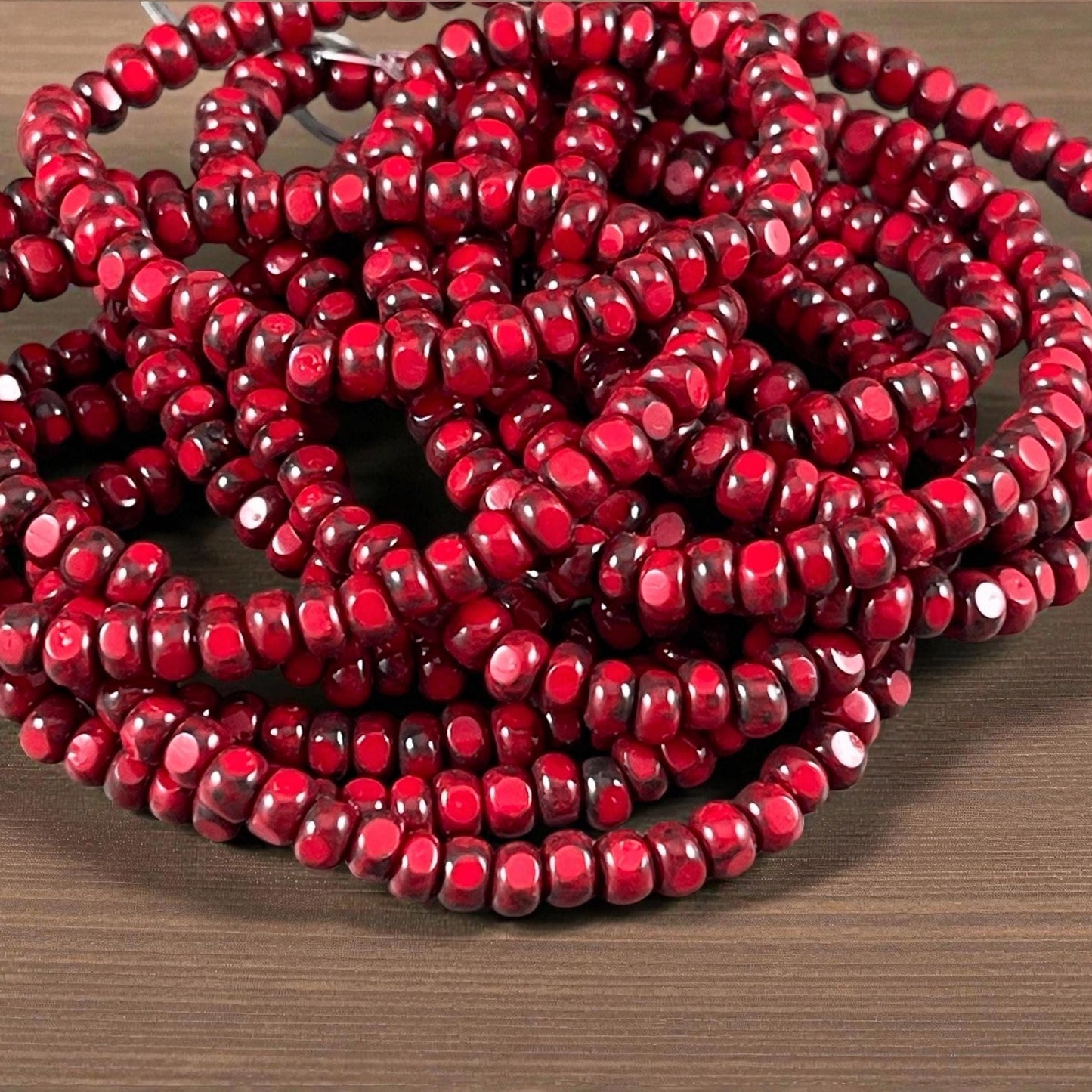 Czech Beads, 4x3mm Faceted Seed Beads, Opaque Red Picasso (TRICA/RJ-2782) * Qty. 50