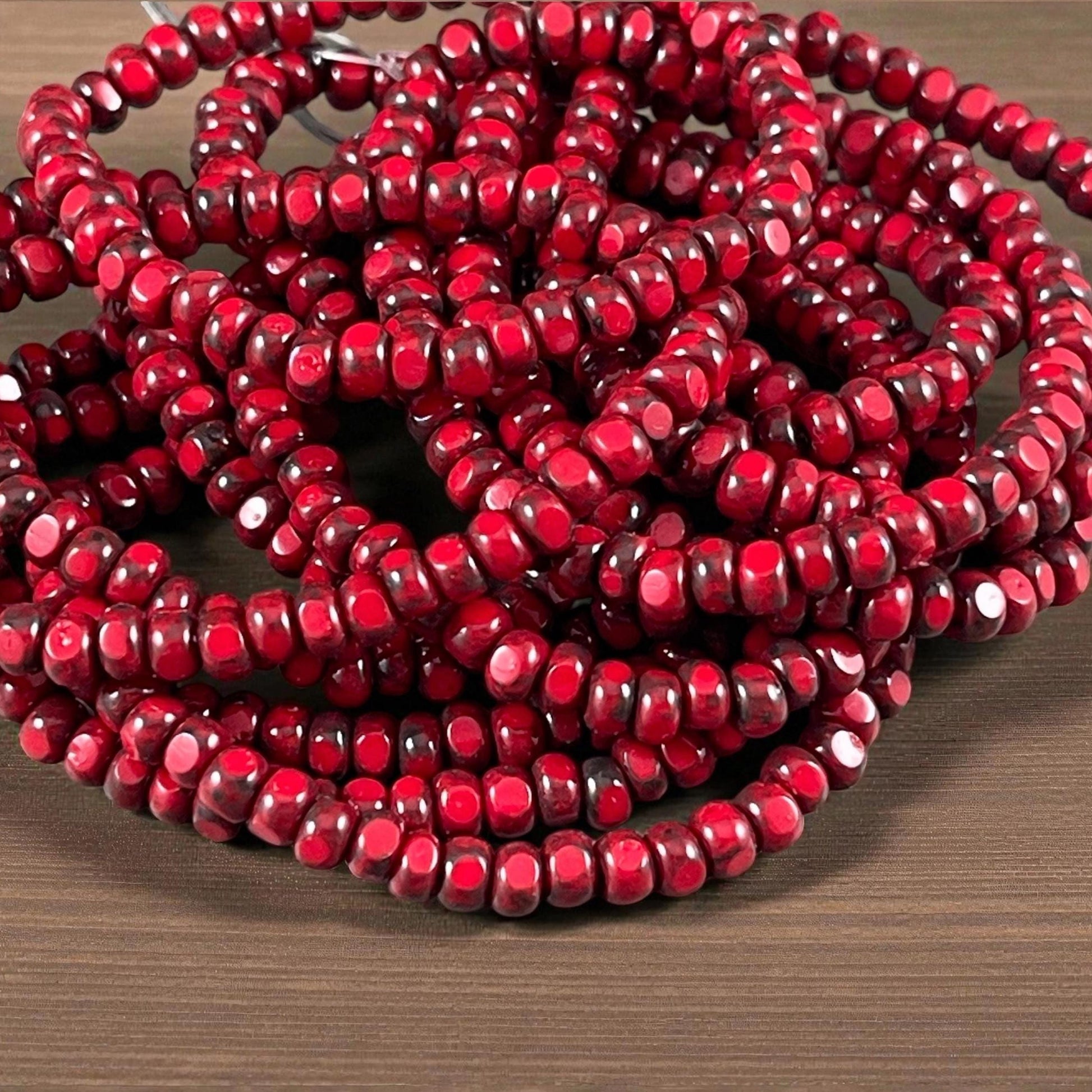 Czech Beads, 4x3mm Faceted Seed Beads, Opaque Red Picasso (TRICA/RJ-2782) * Qty. 50
