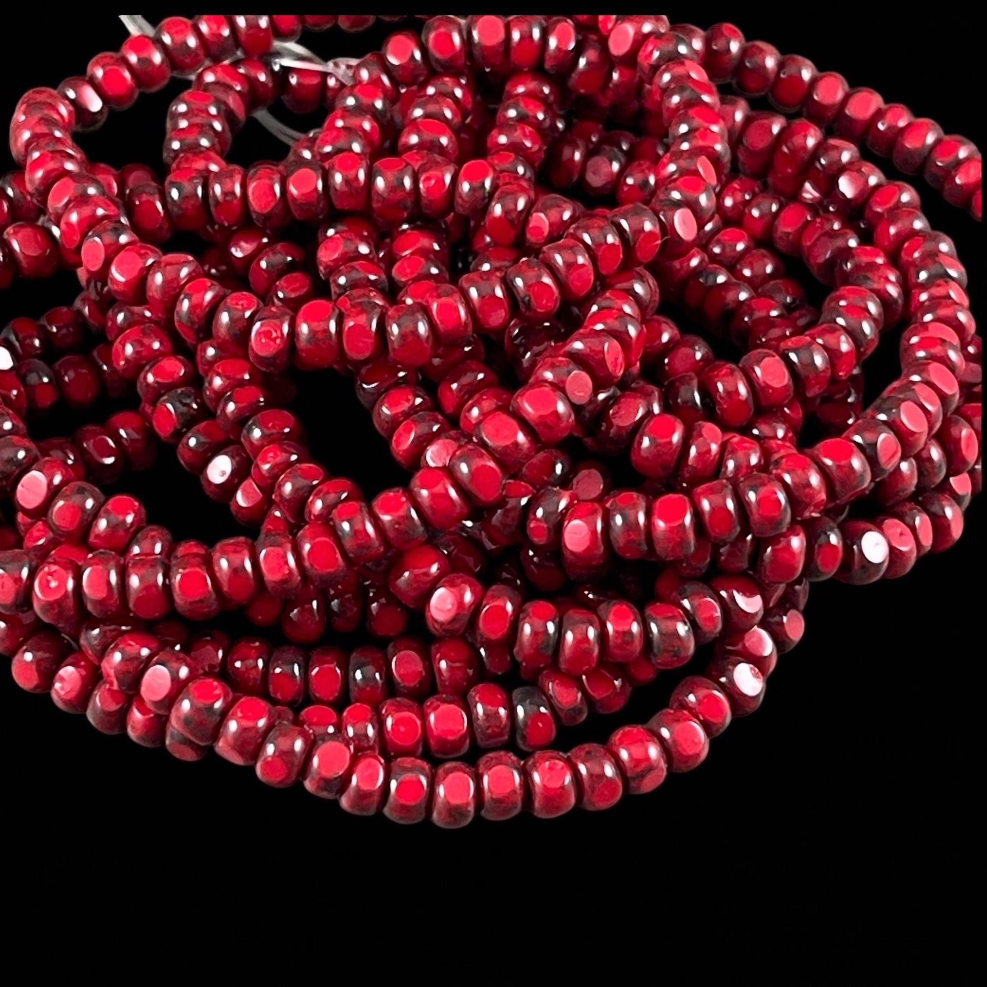 Czech Beads, 4x3mm Faceted Seed Beads, Opaque Red Picasso (TRICA/RJ-2782) * Qty. 50