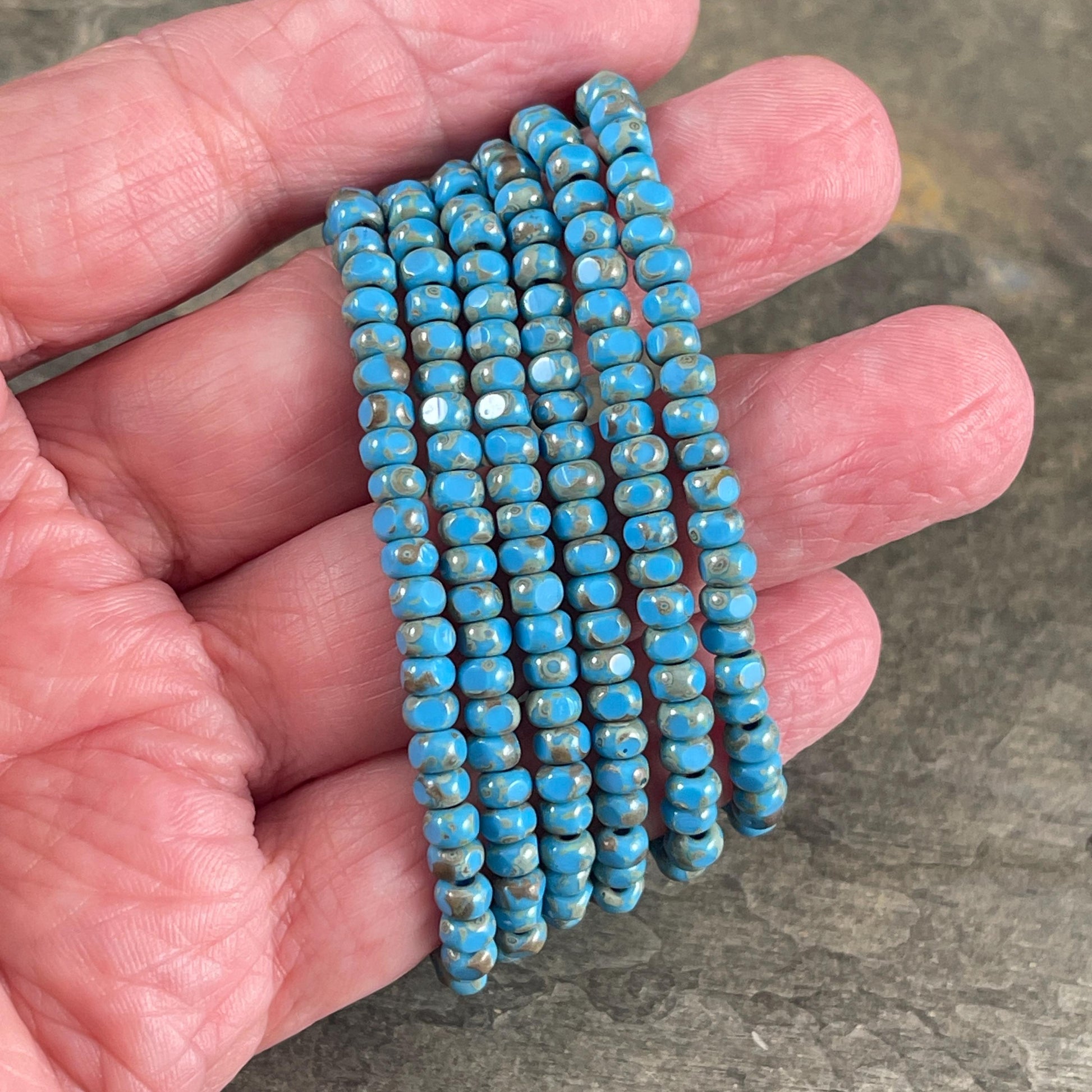 Czech Beads, 4x3mm Faceted Seed Beads, Dark Turquoise Blue Picasso (TRICA/RJ-2781) * Qty. 50