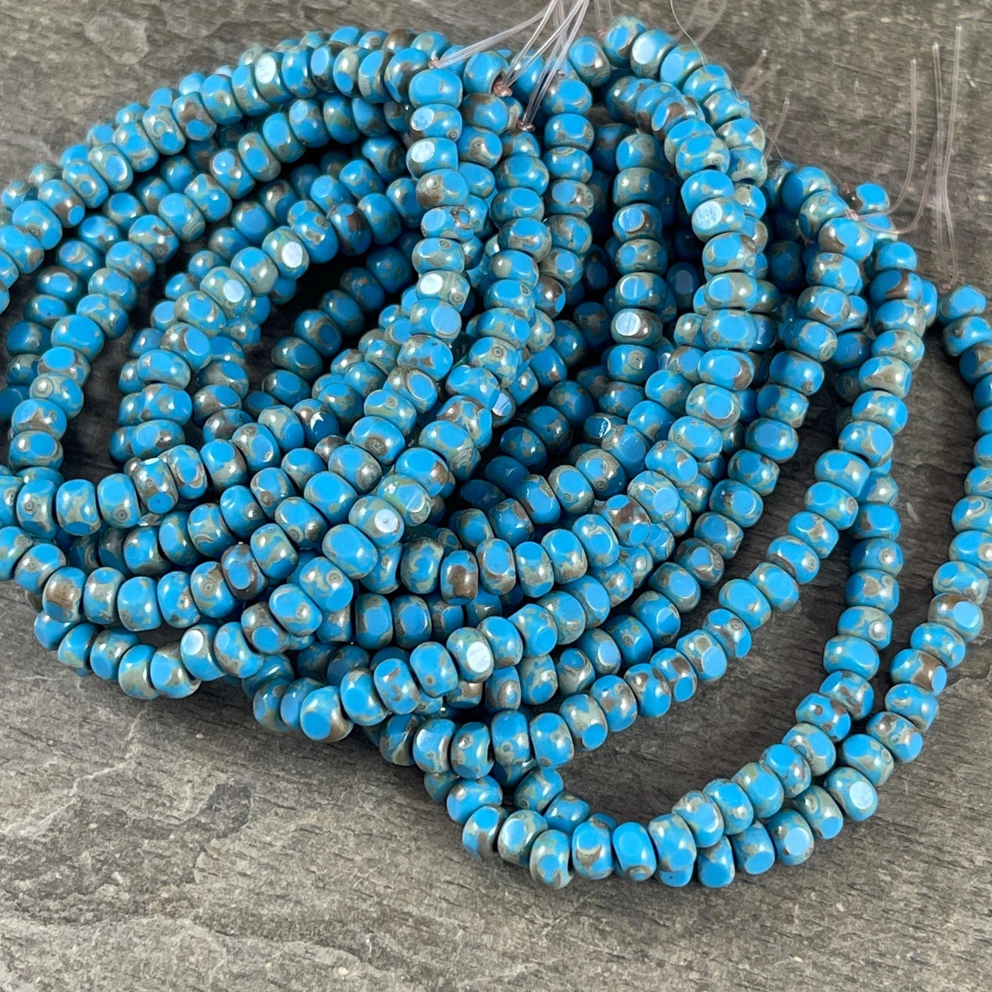 Czech Beads, 4x3mm Faceted Seed Beads, Dark Turquoise Blue Picasso (TRICA/RJ-2781) * Qty. 50