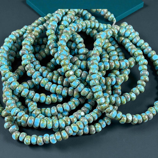 Czech Beads, 3x2mm Faceted Seed Beads, Light Turquoise Blue Picasso (TRICA/RJ-2444) * Qty. 50