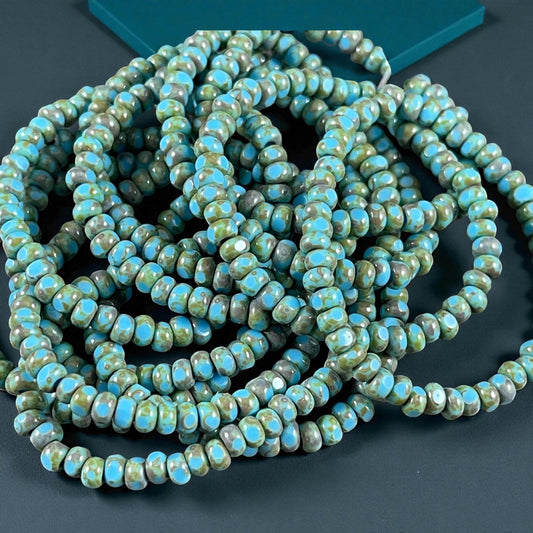 Czech Beads, 3x2mm Faceted Seed Beads, Light Turquoise Blue Picasso (TRICA/RJ-2444) * Qty. 50