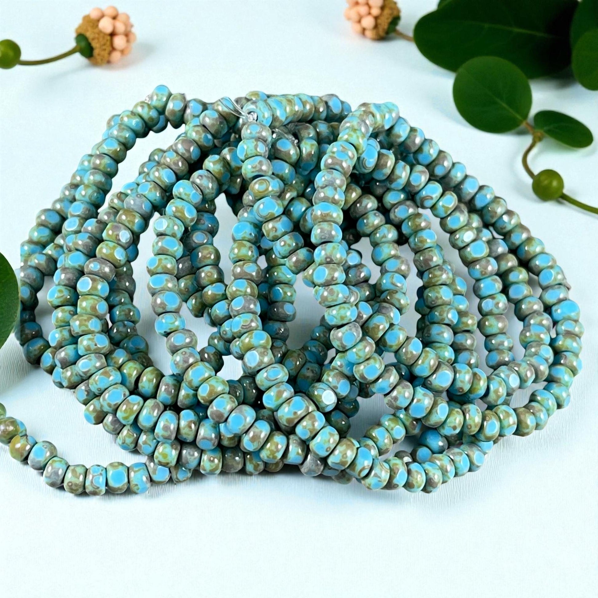 Czech Beads, 3x2mm Faceted Seed Beads, Light Turquoise Blue Picasso (TRICA/RJ-2444) * Qty. 50
